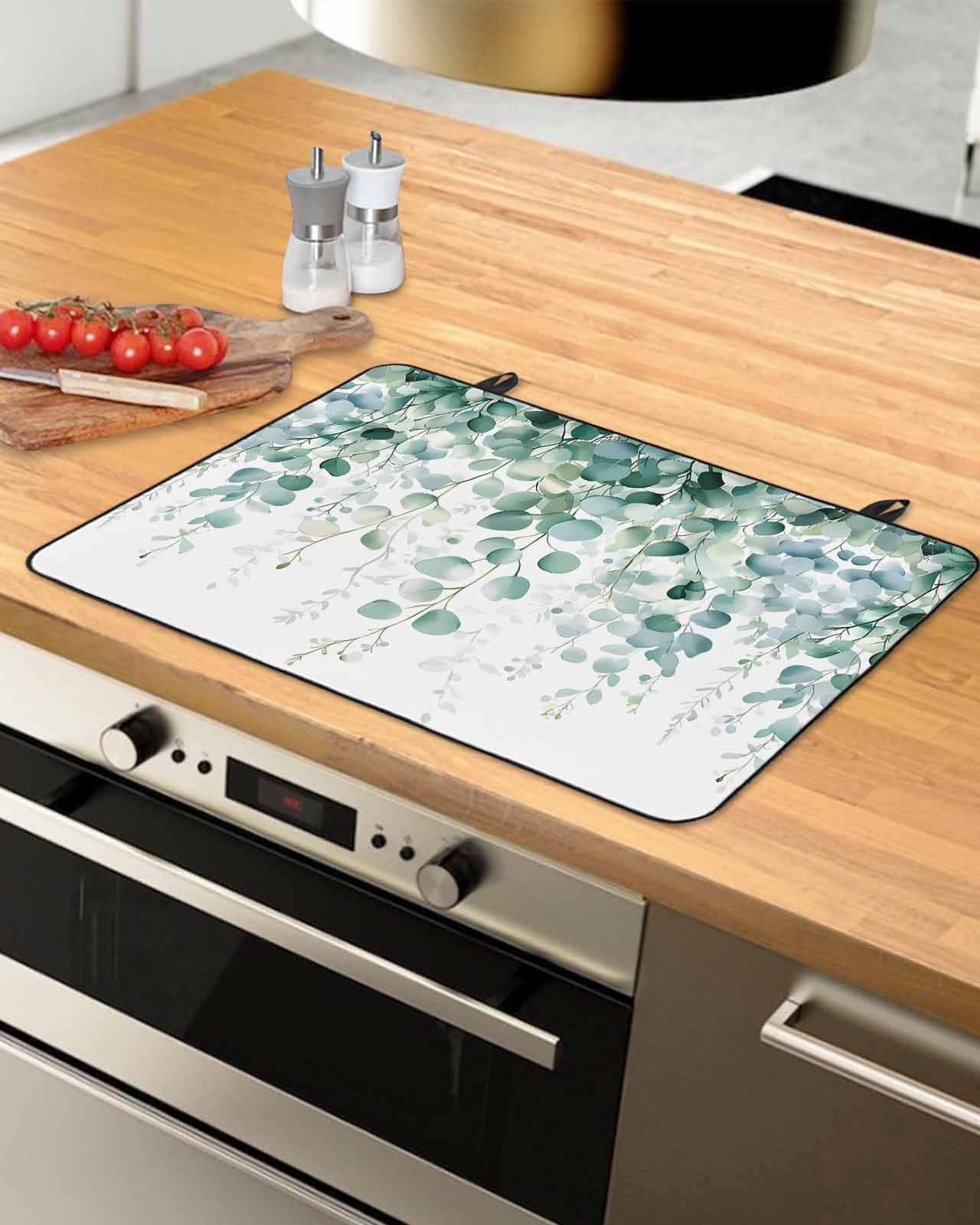 nqOlkjepod Large Induction Cooktop Protector Mat 24"x21", Eucalyptus Leaves Stove Top Covers for Electric Stove, Green Botanical Summer Spring Leaves Stove Burner Cover Mats, Glass Top Stove Cover
