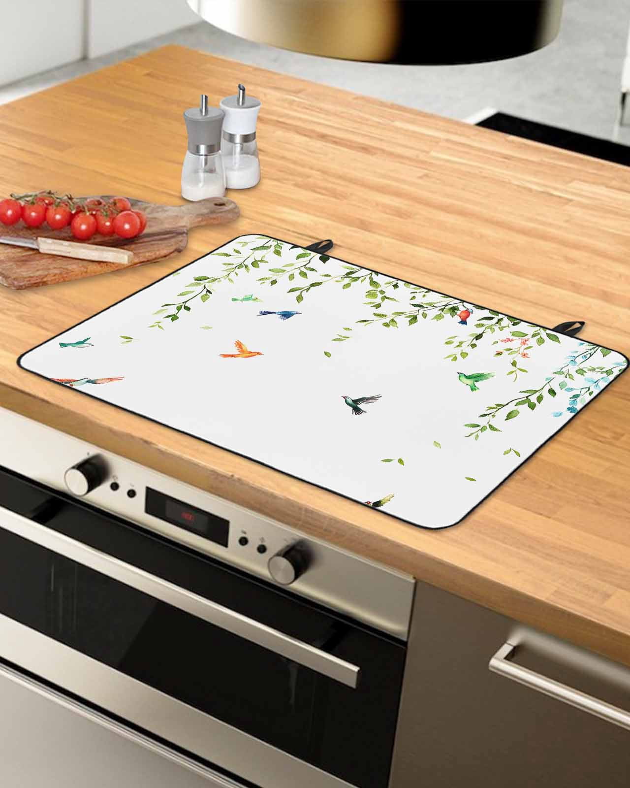nqOlkjepod Large Induction Cooktop Protector Mat 24"x21", Eucalyptus Leaves Stove Top Covers for Electric Stove, Spring Green Birds Botanical Stove Burner Cover Mats, Glass Top Stove Cover