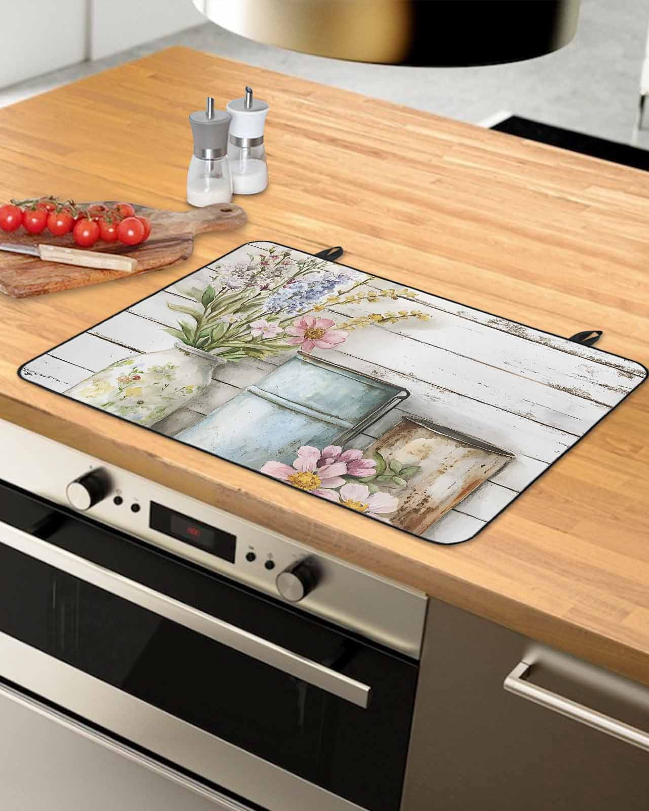 nqOlkjepod Large Induction Cooktop Protector Mat 24"x21", Farm Flowers Stove Top Covers for Electric Stove, Daisies Lavender Botanical Art Peony Wooden Stove Burner Cover Mats, Glass Top Stove Cover