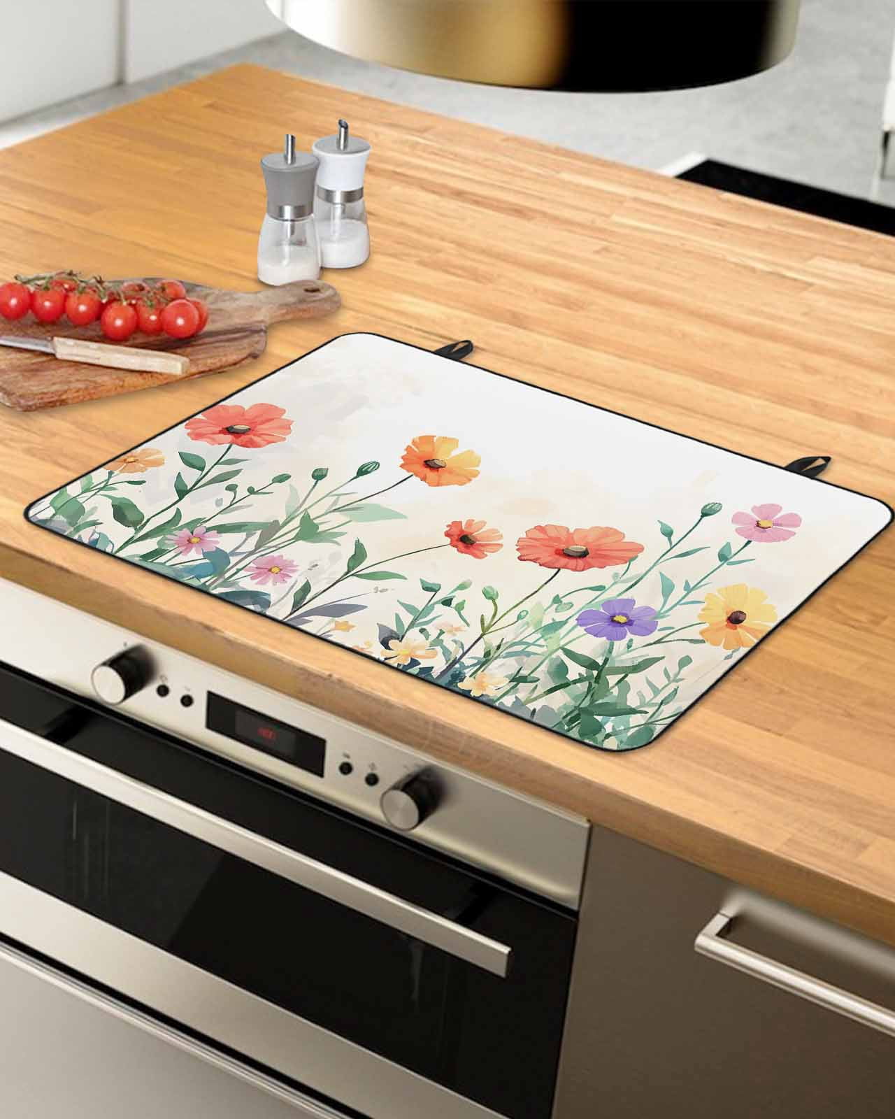 nqOlkjepod Large Induction Cooktop Protector Mat 24"x21", Farm Wildflowers Stove Top Covers for Electric Stove, Watercolor Daisy Butterfly Floral Stove Burner Cover Mats, Glass Top Stove Cover