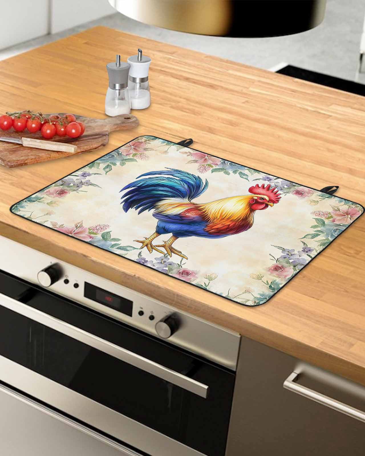 nqOlkjepod Large Induction Cooktop Protector Mat 24"x21", Farmhouse Chicken Stove Top Covers for Electric Stove, Watercolor Flowers Floral Farmhouse Stove Burner Cover Mats, Glass Top Stove Cover