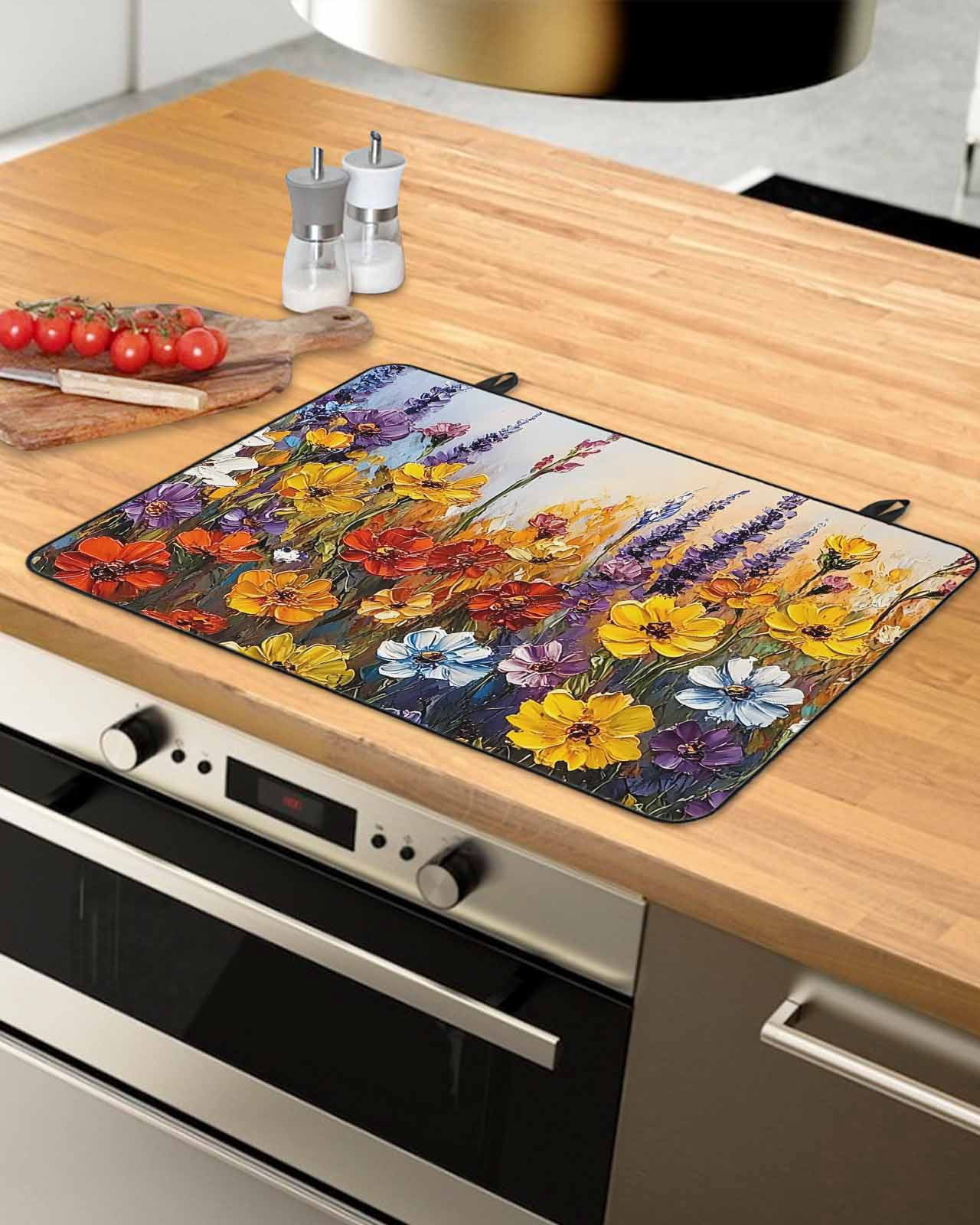 nqOlkjepod Large Induction Cooktop Protector Mat 24"x21", Farmhouse Flowers Stove Top Covers for Electric Stove, Country Botanical Floral Oil Painting Stove Burner Cover Mats, Glass Top Stove Cover