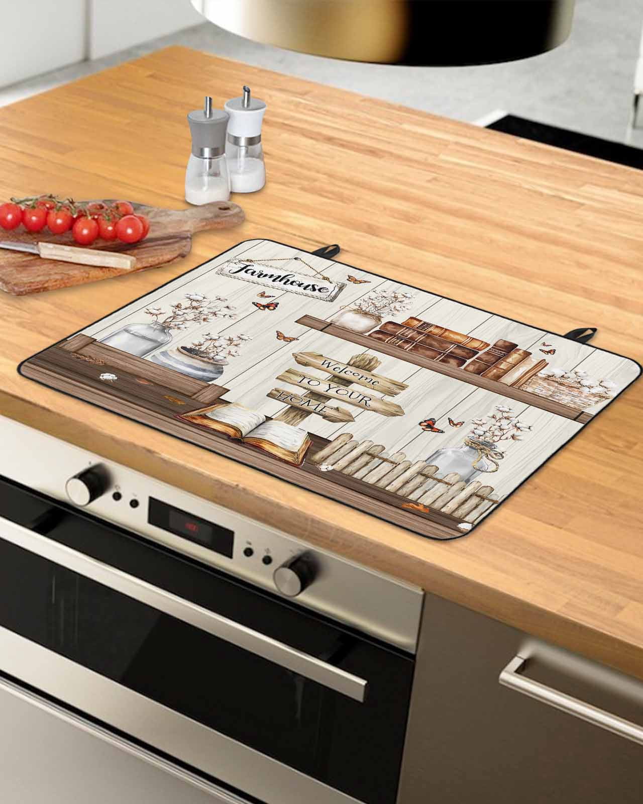 nqOlkjepod Large Induction Cooktop Protector Mat 24"x21", Farmhouse Vintage Stove Top Covers for Electric Stove, Country Cotton Book Butterfly Art Stove Burner Cover Mats, Glass Top Stove Cover