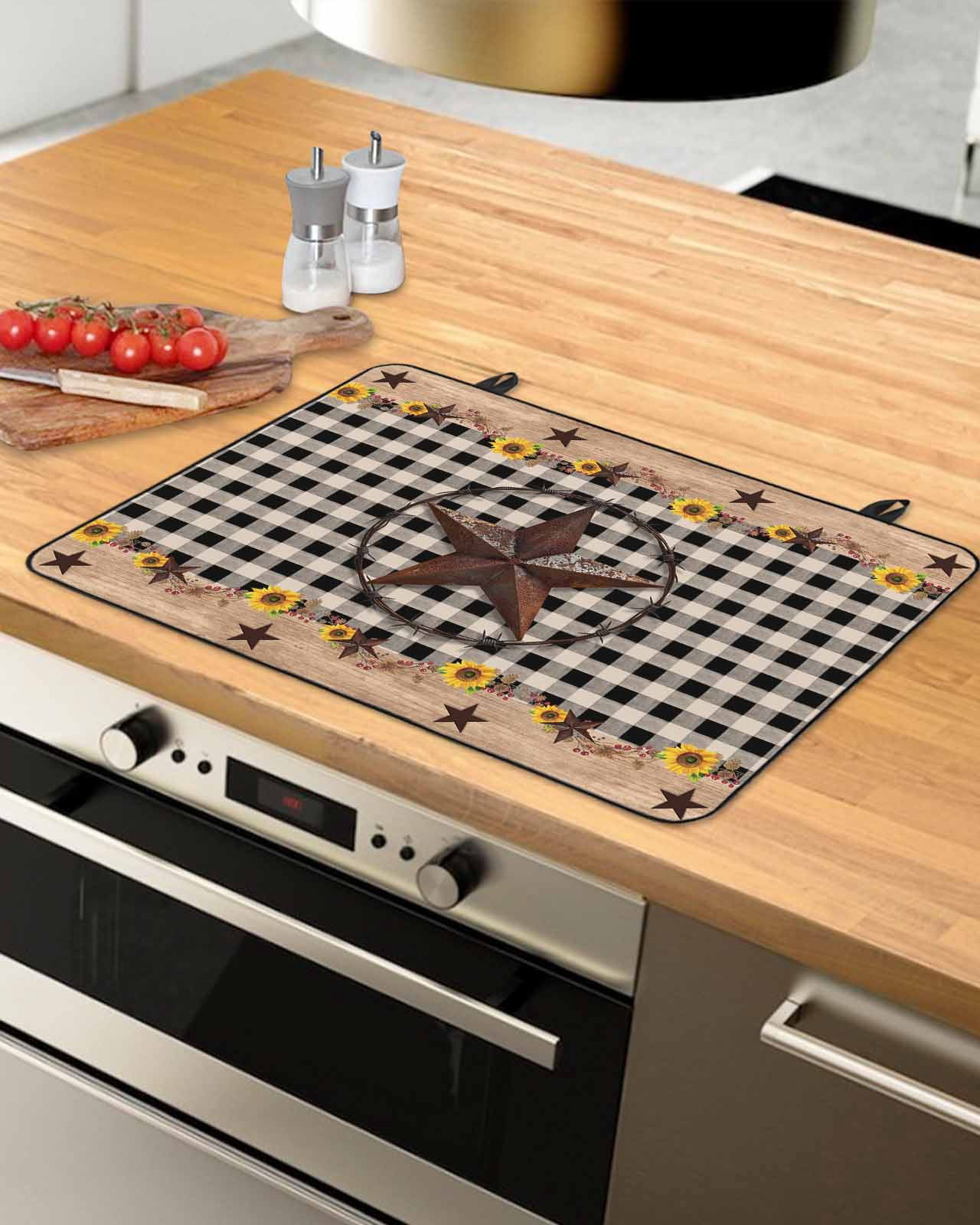 nqOlkjepod Large Induction Cooktop Protector Mat 24"x21", Farmhouse Vintage Stove Top Covers for Electric Stove, Western Country Star Brown Plaid Stove Burner Cover Mats, Glass Top Stove Cover