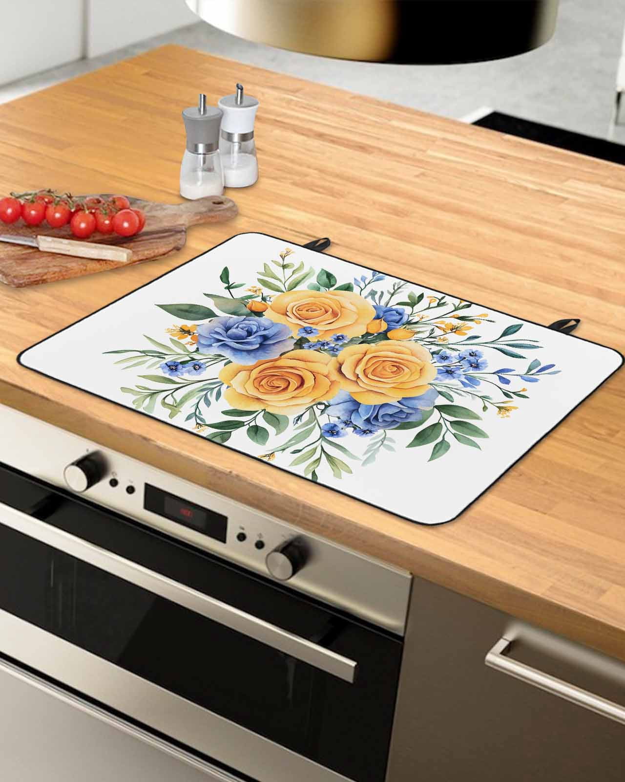 nqOlkjepod Large Induction Cooktop Protector Mat 24"x21", Floral Eucalyptus Leaves Stove Top Covers for Electric Stove, Blue Yellow Garden Flowers Stove Burner Cover Mats, Glass Top Stove Cover