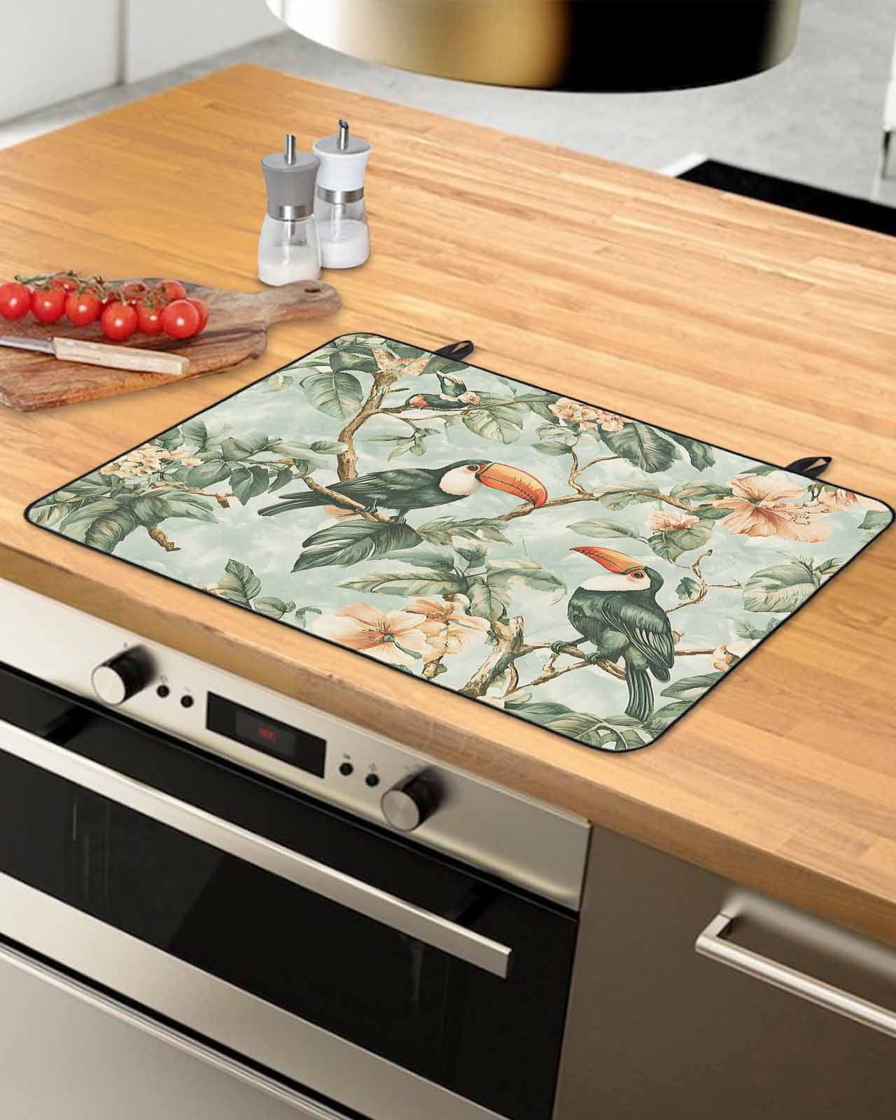nqOlkjepod Large Induction Cooktop Protector Mat 24"x21", Flower Bird Stove Top Covers for Electric Stove, Pink Flower Green Palm Leaves Watercolor Stove Burner Cover Mats, Glass Top Stove Cover