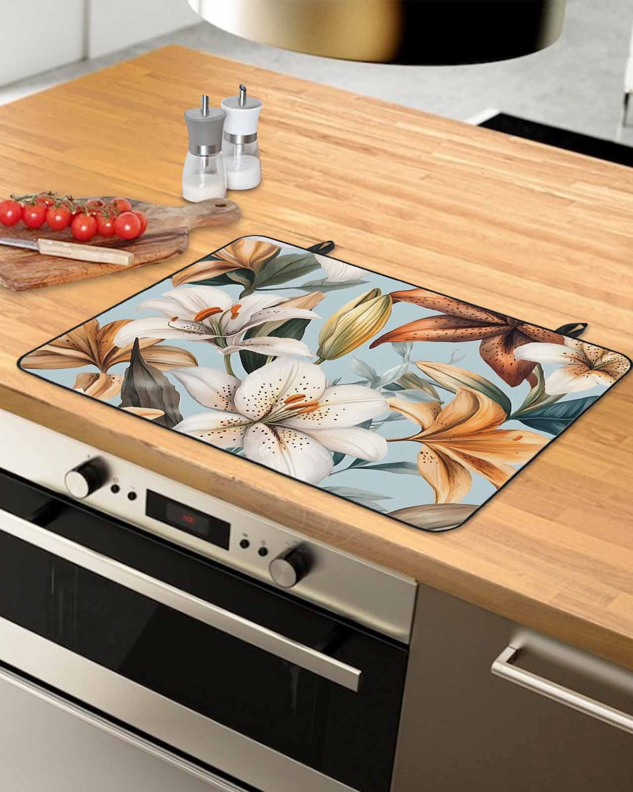 nqOlkjepod Large Induction Cooktop Protector Mat 24"x21", Flower Floral Stove Top Covers for Electric Stove, Lily Budding Plant Botanicals Blossom Stove Burner Cover Mats, Glass Top Stove Cover