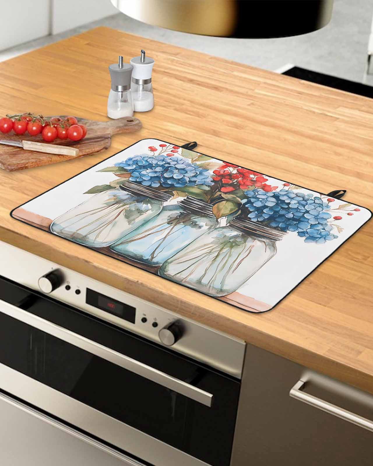 nqOlkjepod Large Induction Cooktop Protector Mat 24"x21", Flower Floral Stove Top Covers for Electric Stove, Red Blue Eucalyptus Plant Summer Spring Stove Burner Cover Mats, Glass Top Stove Cover