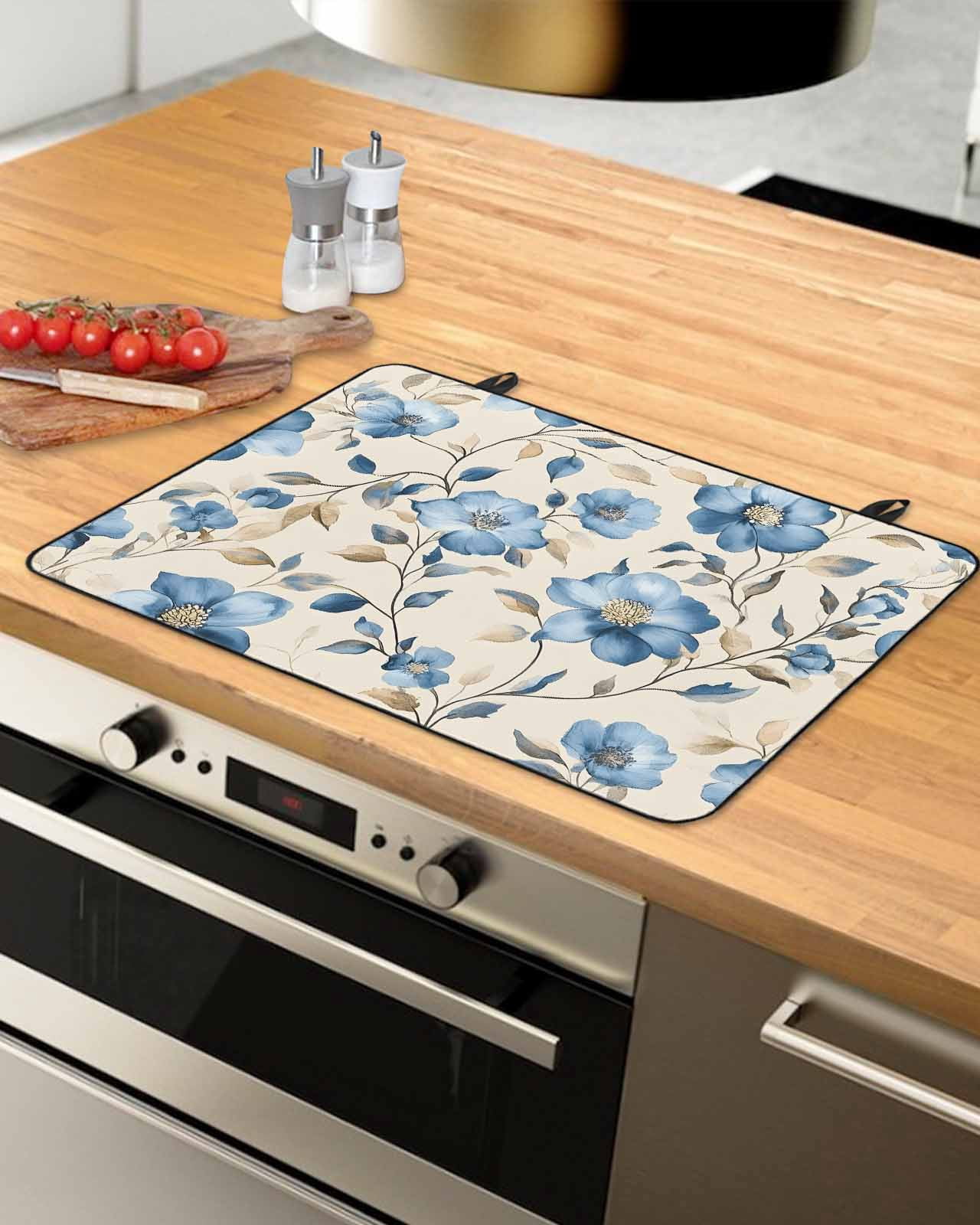 nqOlkjepod Large Induction Cooktop Protector Mat 24"x21", Flower Floral Stove Top Covers for Electric Stove, Watercolor Blue Brown Plant Leaf Branch Stove Burner Cover Mats, Glass Top Stove Cover