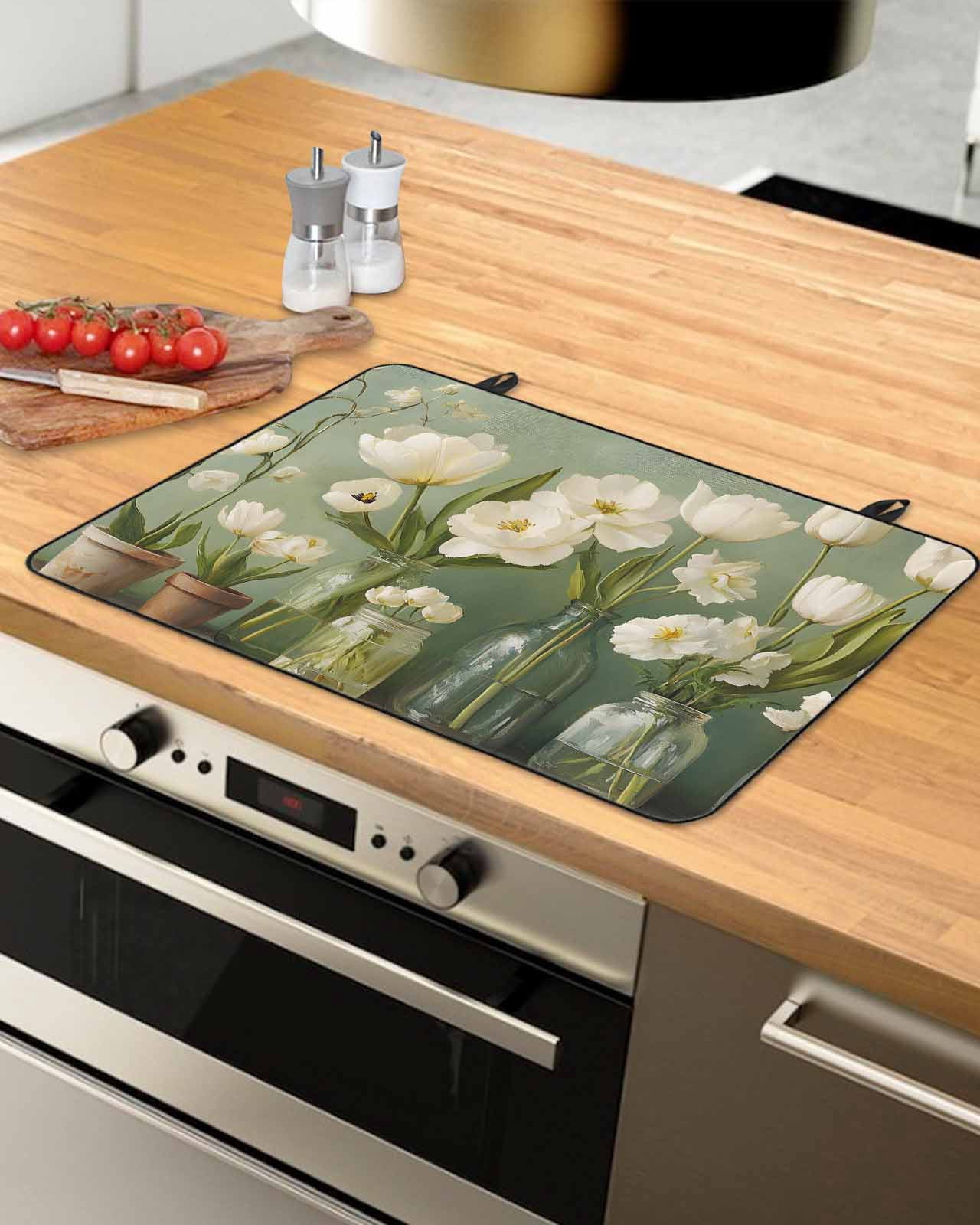nqOlkjepod Large Induction Cooktop Protector Mat 24"x21", Flower Floral Stove Top Covers for Electric Stove, Watercolor Cottagecore Blooms Wildflowers Stove Burner Cover Mats, Glass Top Stove Cover
