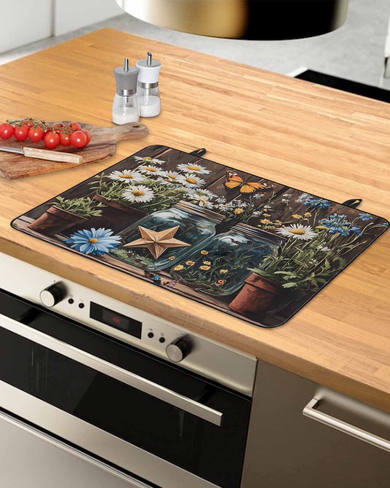 nqOlkjepod Large Induction Cooktop Protector Mat 24"x21", Flowers Floral Stove Top Covers for Electric Stove, Western Texas Star Farmhouse Brown Lodge Stove Burner Cover Mats, Glass Top Stove Cover
