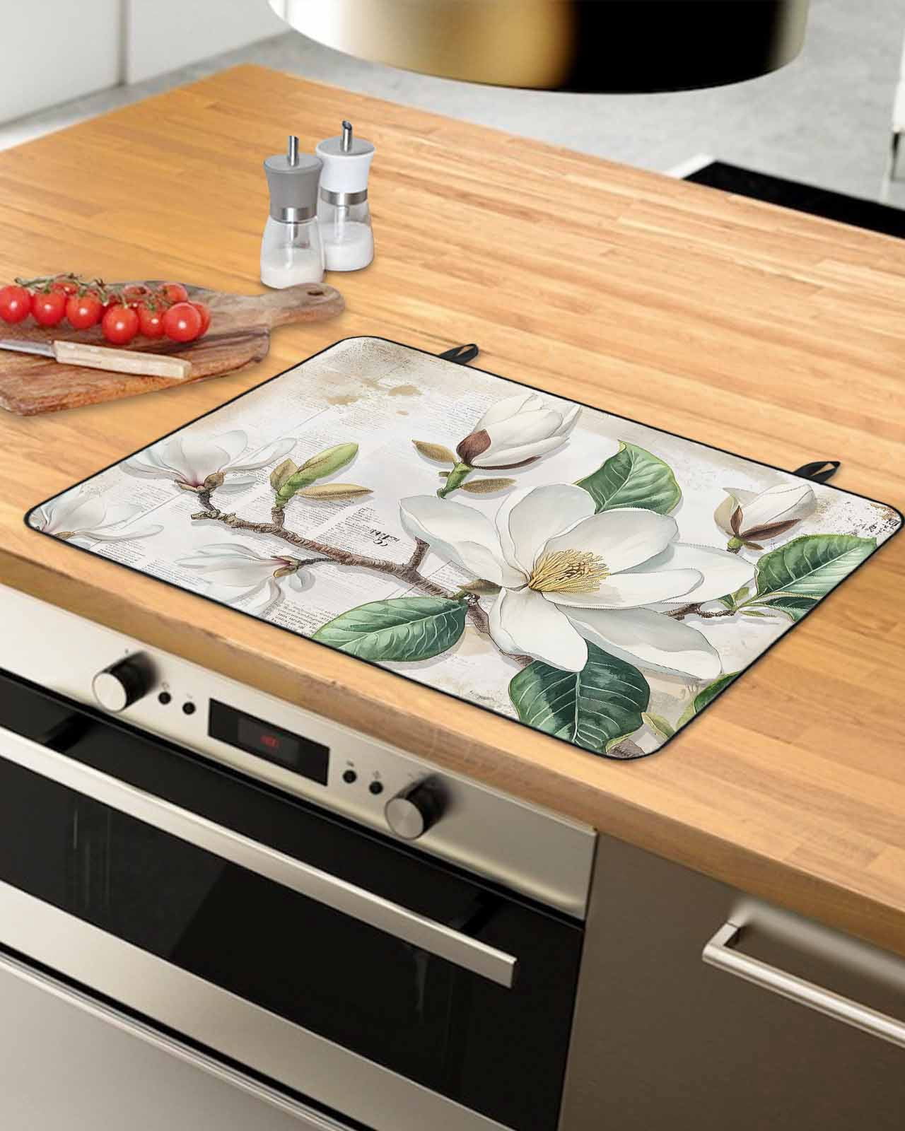 nqOlkjepod Large Induction Cooktop Protector Mat 24"x21", Flowers Leaves Stove Top Covers for Electric Stove, Farmhouse White Botanical Magnolia Retro Stove Burner Cover Mats, Glass Top Stove Cover