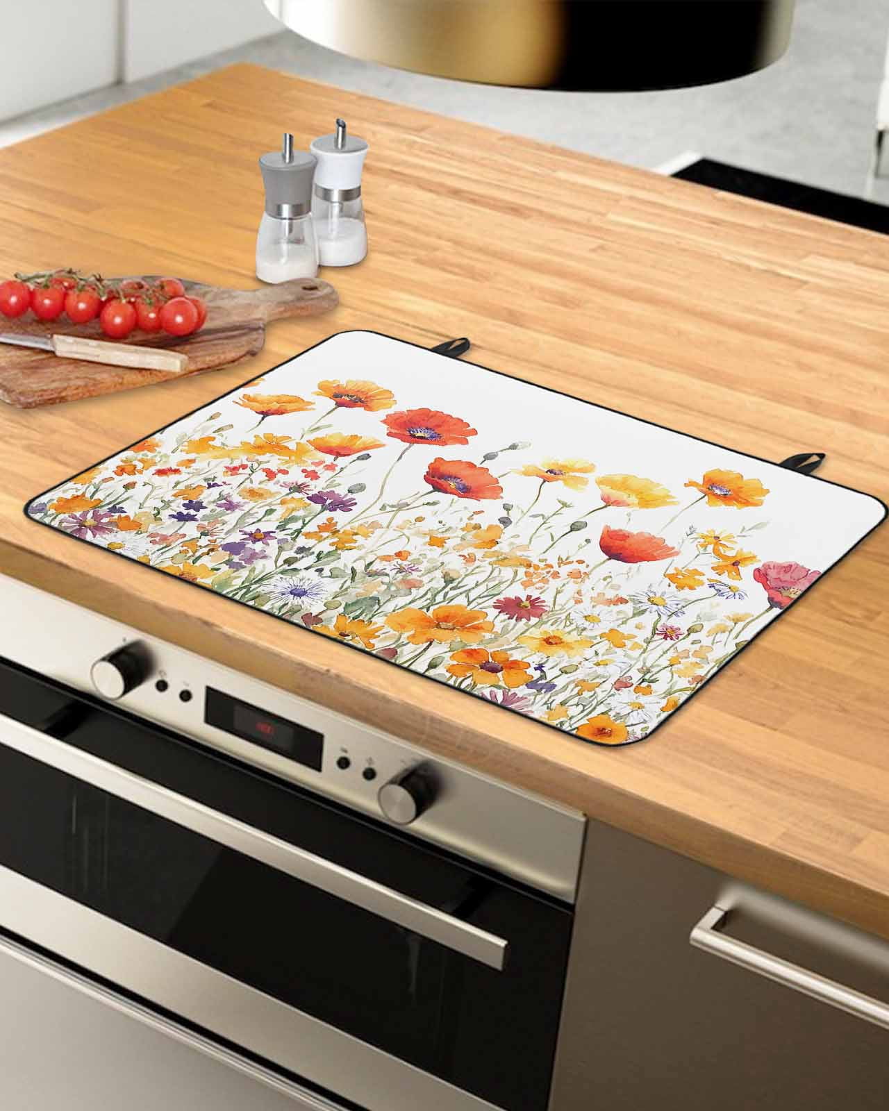 nqOlkjepod Large Induction Cooktop Protector Mat 24"x21", Flowers Stove Top Covers for Electric Stove, Vintage Orange Yellow Wildflower Garden Floral Stove Burner Cover Mats, Glass Top Stove Cover