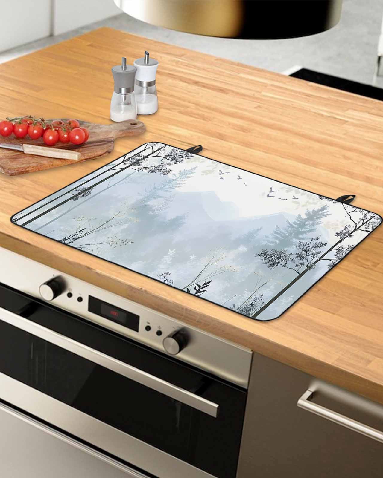 nqOlkjepod Large Induction Cooktop Protector Mat 24"x21", Foggy Forest Stove Top Covers for Electric Stove, Vintage Mountain Botanical Decorative Stove Burner Cover Mats, Glass Top Stove Cover