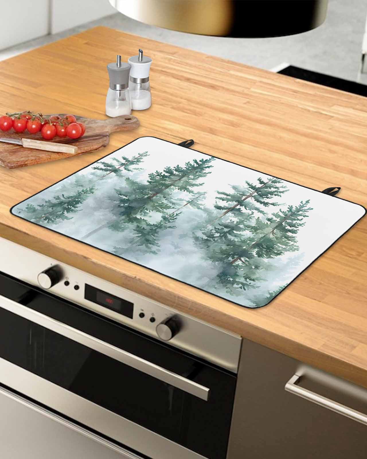 nqOlkjepod Large Induction Cooktop Protector Mat 24"x21", Forest Green Ombre Stove Top Covers for Electric Stove, Watercolor Sage Green Trees Stove Burner Cover Mats, Glass Top Stove Cover