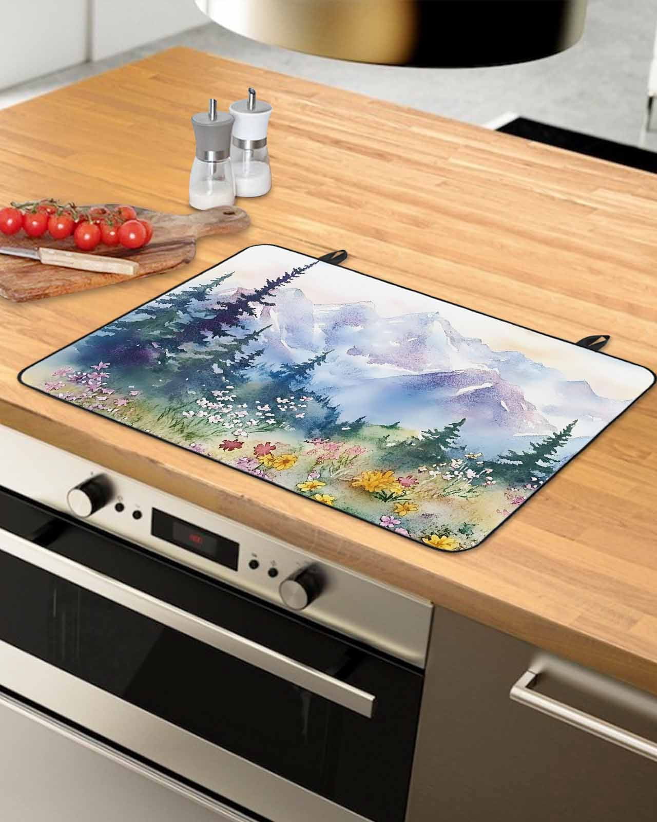 nqOlkjepod Large Induction Cooktop Protector Mat 24"x21", Forest Mountains Stove Top Covers for Electric Stove, Watercolor Natural Flower Tree Stove Burner Cover Mats, Glass Top Stove Cover