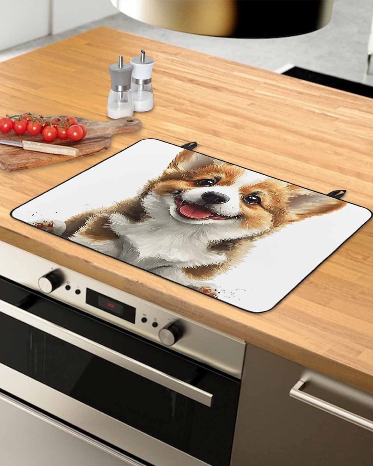 nqOlkjepod Large Induction Cooktop Protector Mat 24"x21", Funny Puppy Stove Top Covers for Electric Stove, Modern Simple Cute Dog Animal Portrait Stove Burner Cover Mats, Glass Top Stove Cover