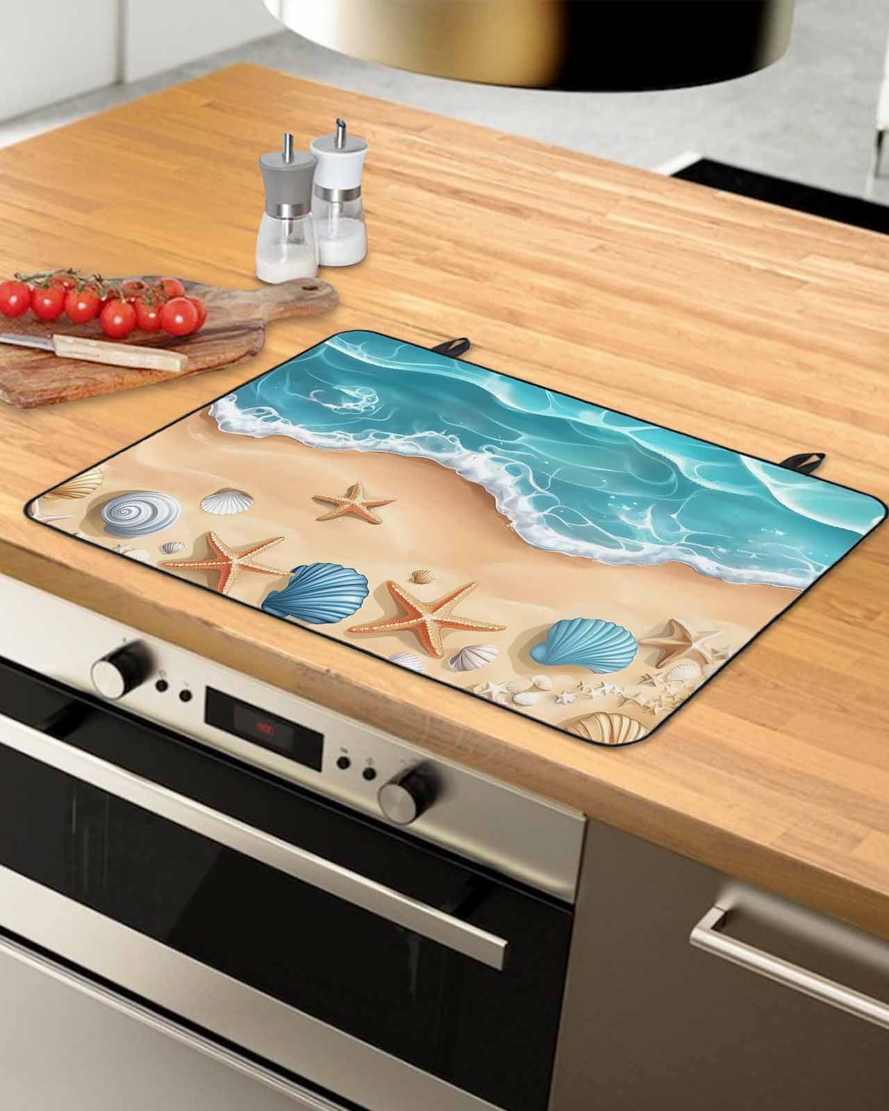 nqOlkjepod Large Induction Cooktop Protector Mat 24"x21", Geometric Coastal Stove Top Covers for Electric Stove, Cartoon Starfish Shell Sea Waves Stove Burner Cover Mats, Glass Top Stove Cover
