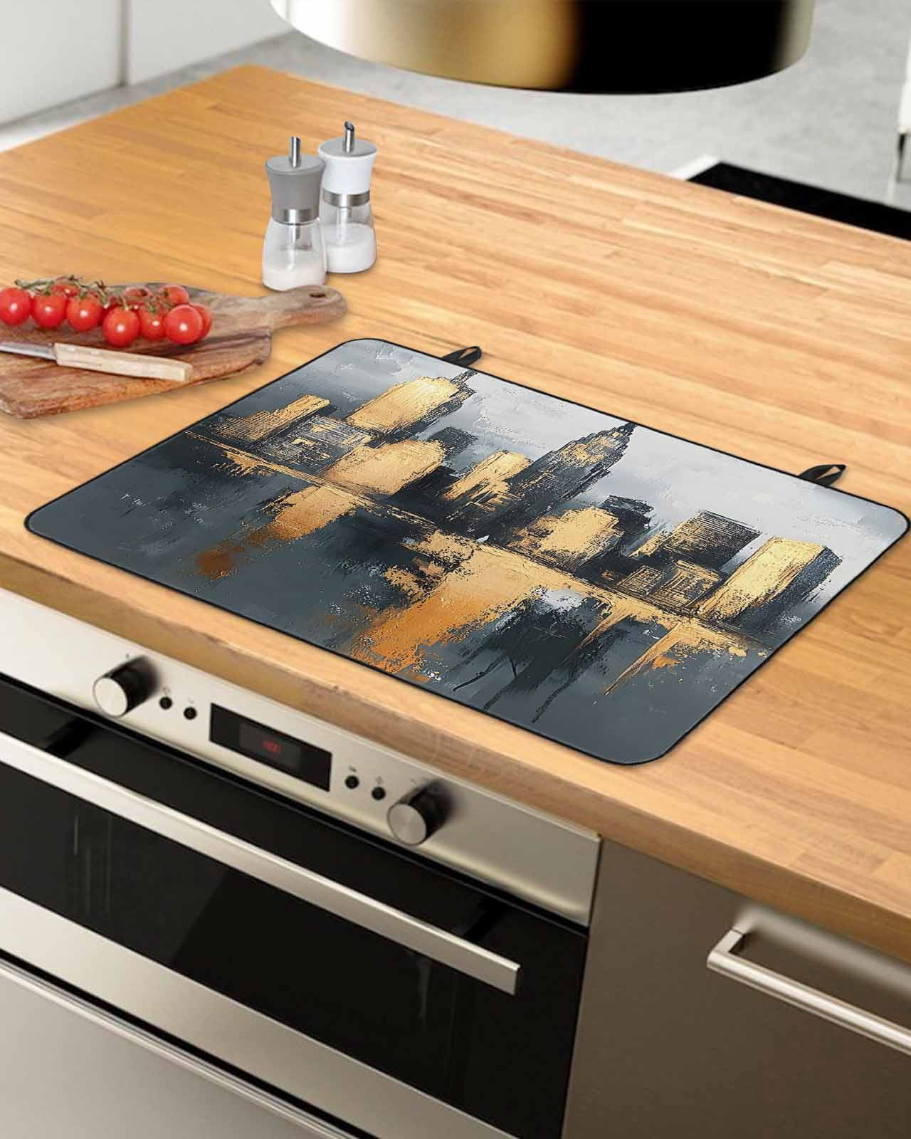 nqOlkjepod Large Induction Cooktop Protector Mat 24"x21", Gold Black Building Stove Top Covers for Electric Stove, Modern Chic City Oil Painting Stove Burner Cover Mats, Glass Top Stove Cover