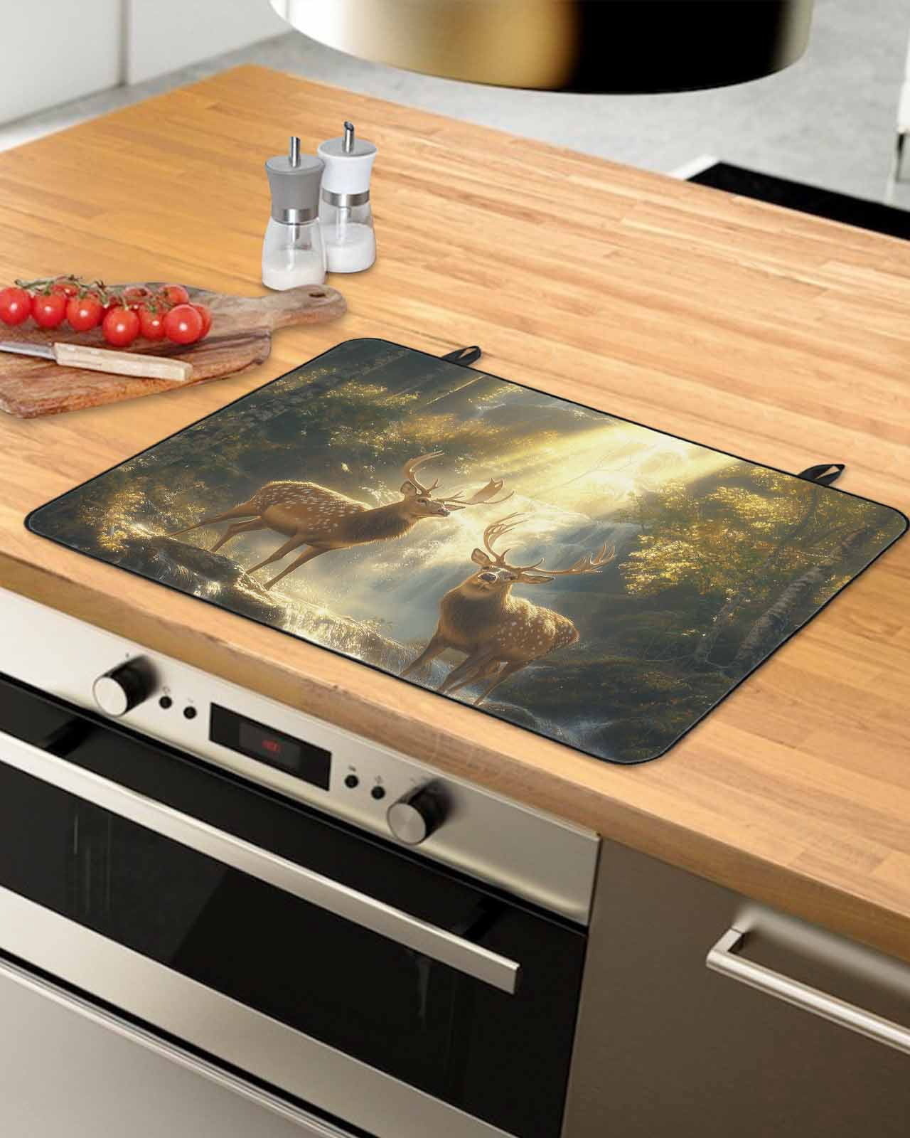nqOlkjepod Large Induction Cooktop Protector Mat 24"x21", Golden Forest Deer Stove Top Covers for Electric Stove, Fantasy Vintage Nature Scenery Stove Burner Cover Mats, Glass Top Stove Cover