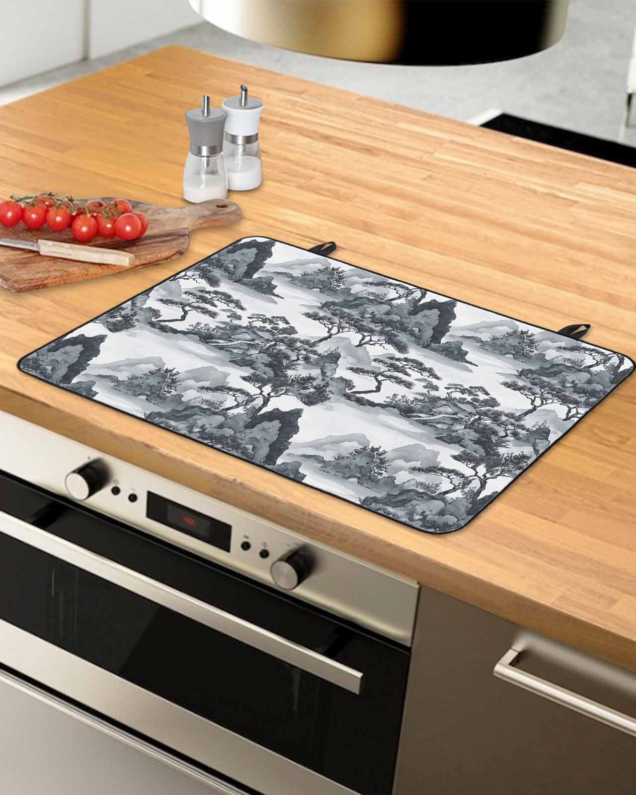 nqOlkjepod Large Induction Cooktop Protector Mat 24"x21", Gray Garden Stove Top Covers for Electric Stove, Retro Mountain Tree Forest Landscape Stove Burner Cover Mats, Glass Top Stove Cover