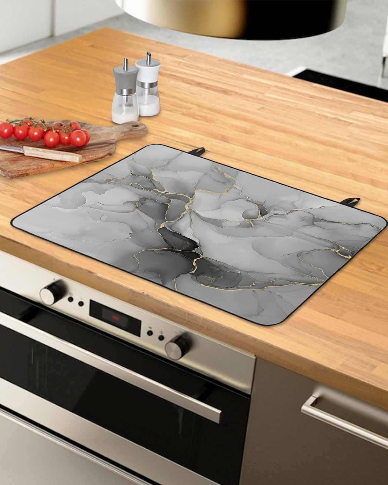 nqOlkjepod Large Induction Cooktop Protector Mat 24"x21", Gray Marble Texture Stove Top Covers for Electric Stove, Vintage Greyish Golden Texture Stove Burner Cover Mats, Glass Top Stove Cover