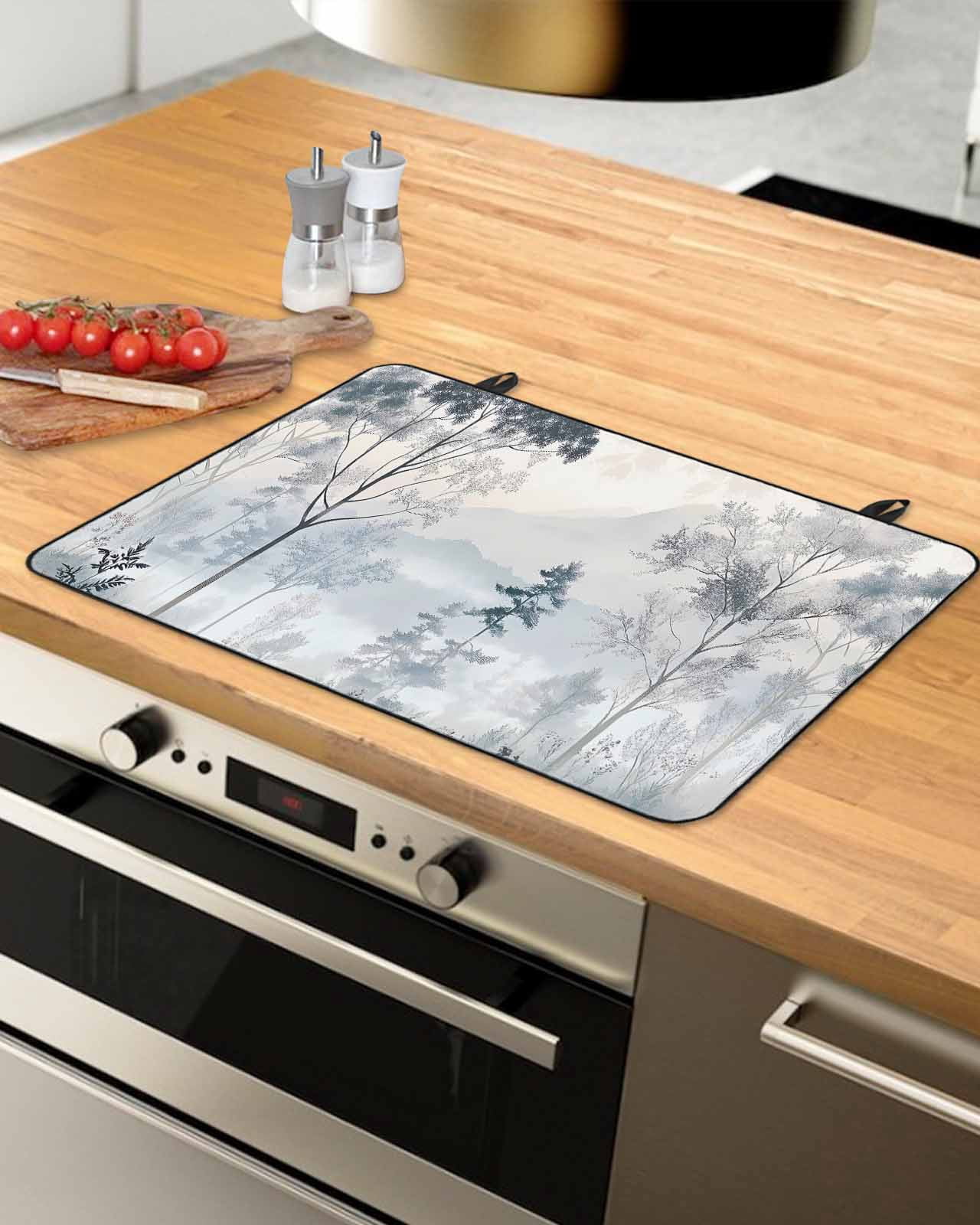 nqOlkjepod Large Induction Cooktop Protector Mat 24"x21", Gray Ombre Forest Stove Top Covers for Electric Stove, Watercolor Trees Mountain Decorative Stove Burner Cover Mats, Glass Top Stove Cover