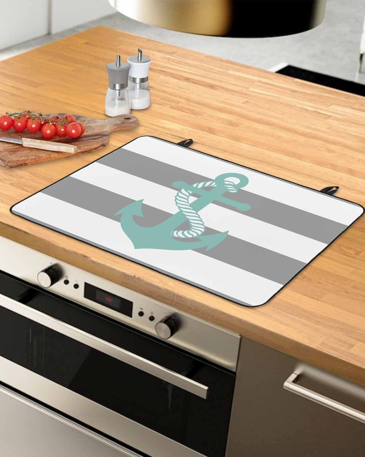 nqOlkjepod Large Induction Cooktop Protector Mat 24"x21", Gray Stripe Nautical Stove Top Covers for Electric Stove, Turquoise Anchor Summer Coastal Stove Burner Cover Mats, Glass Top Stove Cover
