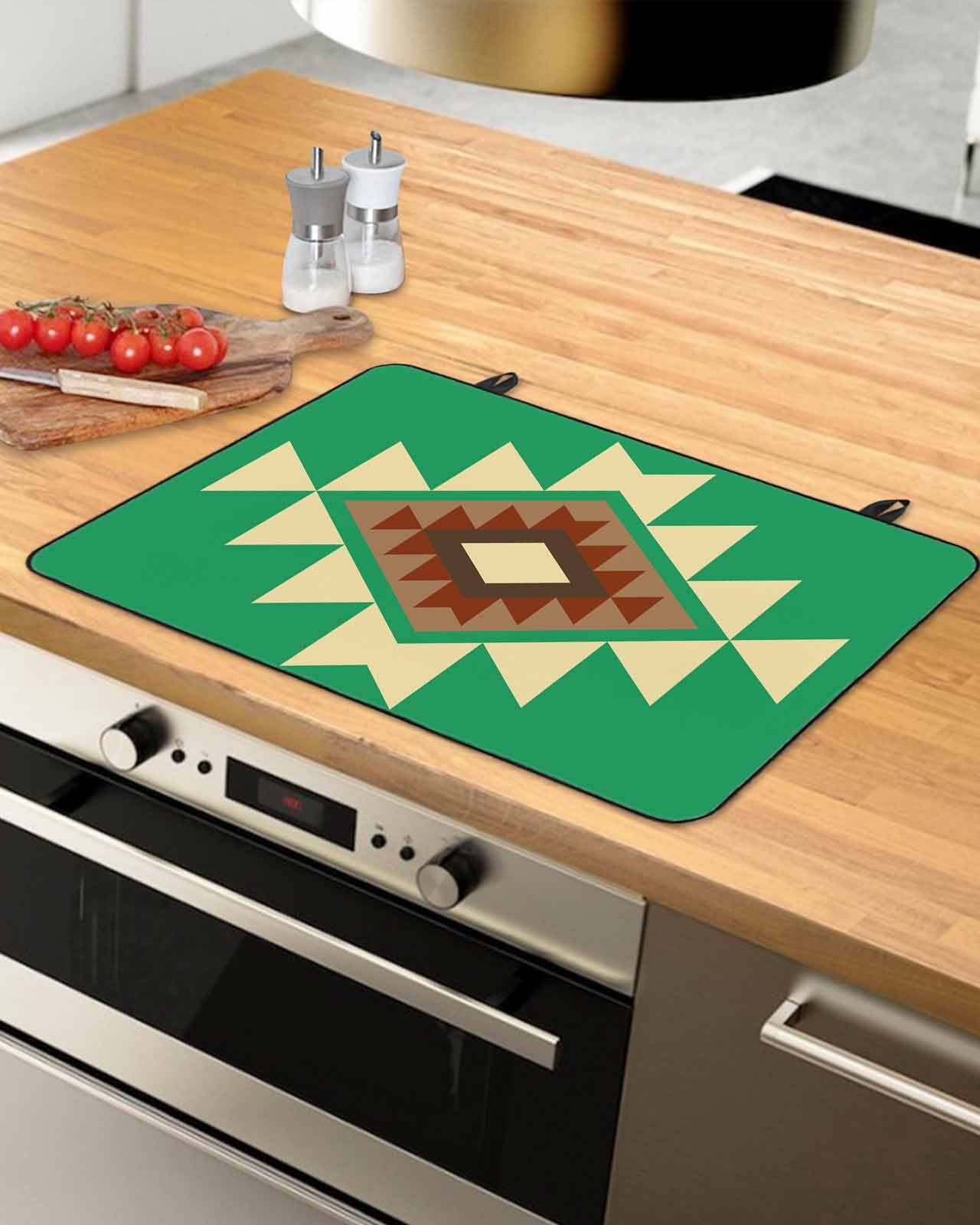 nqOlkjepod Large Induction Cooktop Protector Mat 24"x21", Green Brown Boho Stove Top Covers for Electric Stove, Country Simple Abstract Ethnic Geometric Stove Burner Cover Mats Stove Cover