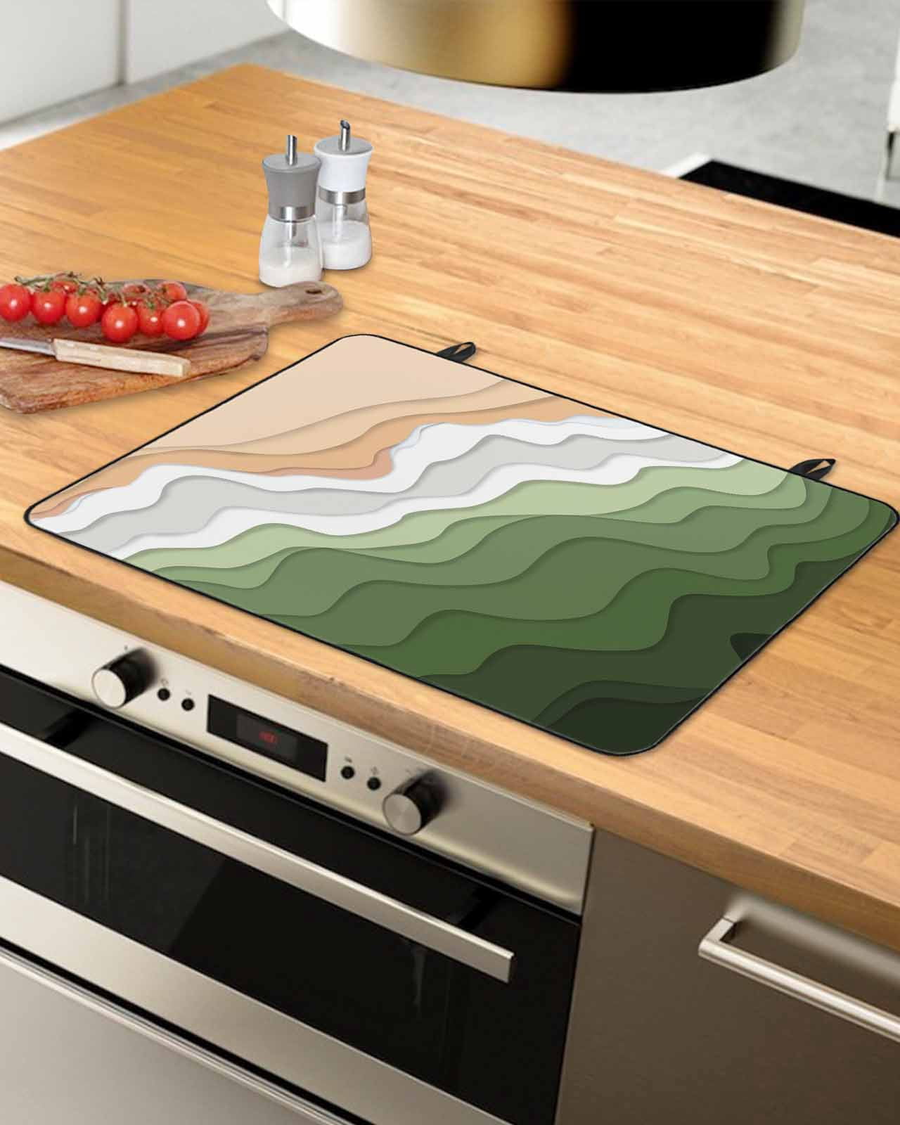 nqOlkjepod Large Induction Cooktop Protector Mat 24"x21", Green Coastal Beach Stove Top Covers for Electric Stove, Funny Rustic Ombre Sea Waves Art Stove Burner Cover Mats, Glass Top Stove Cover