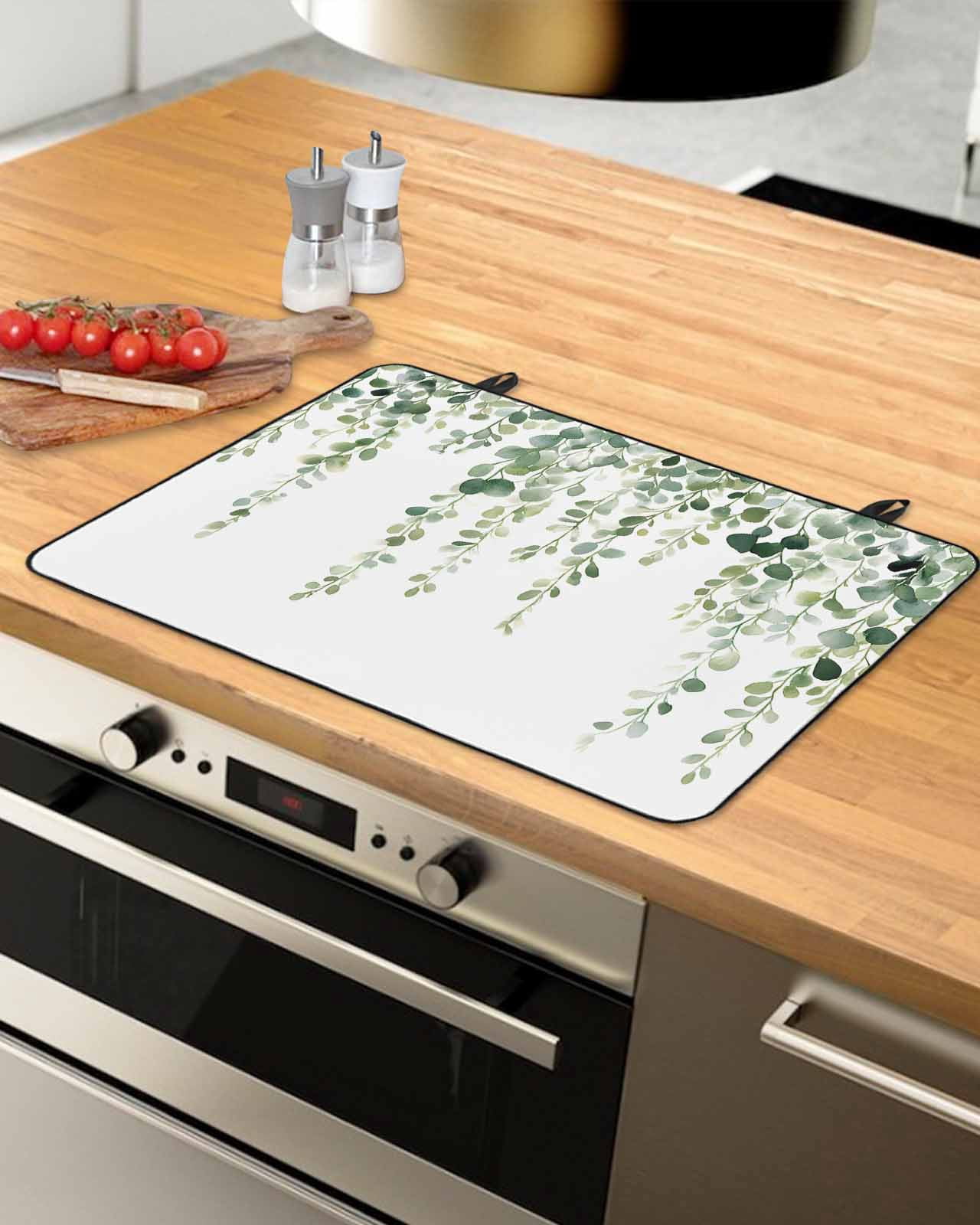 nqOlkjepod Large Induction Cooktop Protector Mat 24"x21", Green Eucalyptus Branches Stove Top Covers for Electric Stove, Spring Botanical Leaves Vines Stove Burner Cover Mats, Glass Top Stove Cover