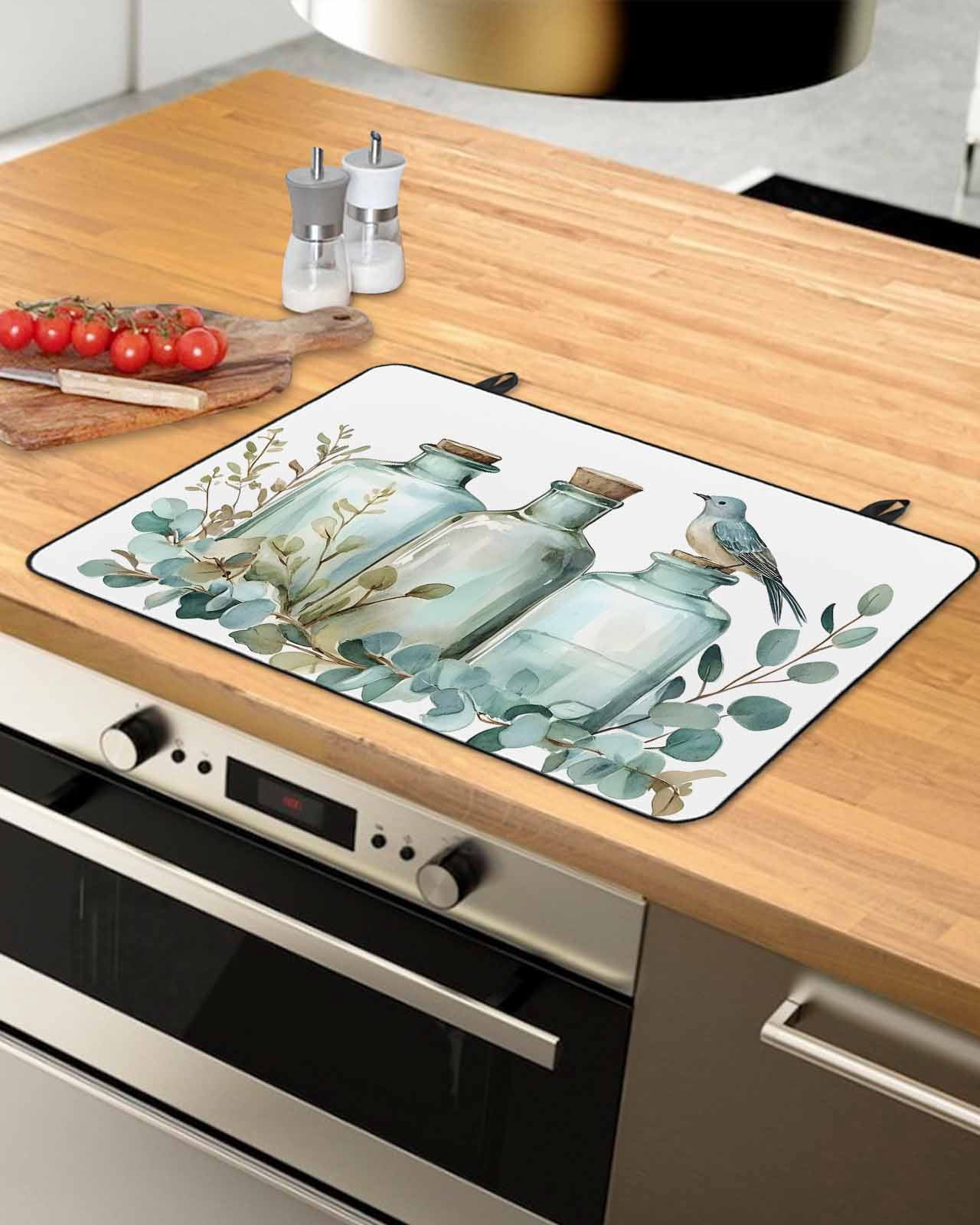 nqOlkjepod Large Induction Cooktop Protector Mat 24"x21", Green Eucalyptus Leaves Stove Top Covers for Electric Stove, Spring Botanical Vase Birds Stove Burner Cover Mats, Glass Top Stove Cover