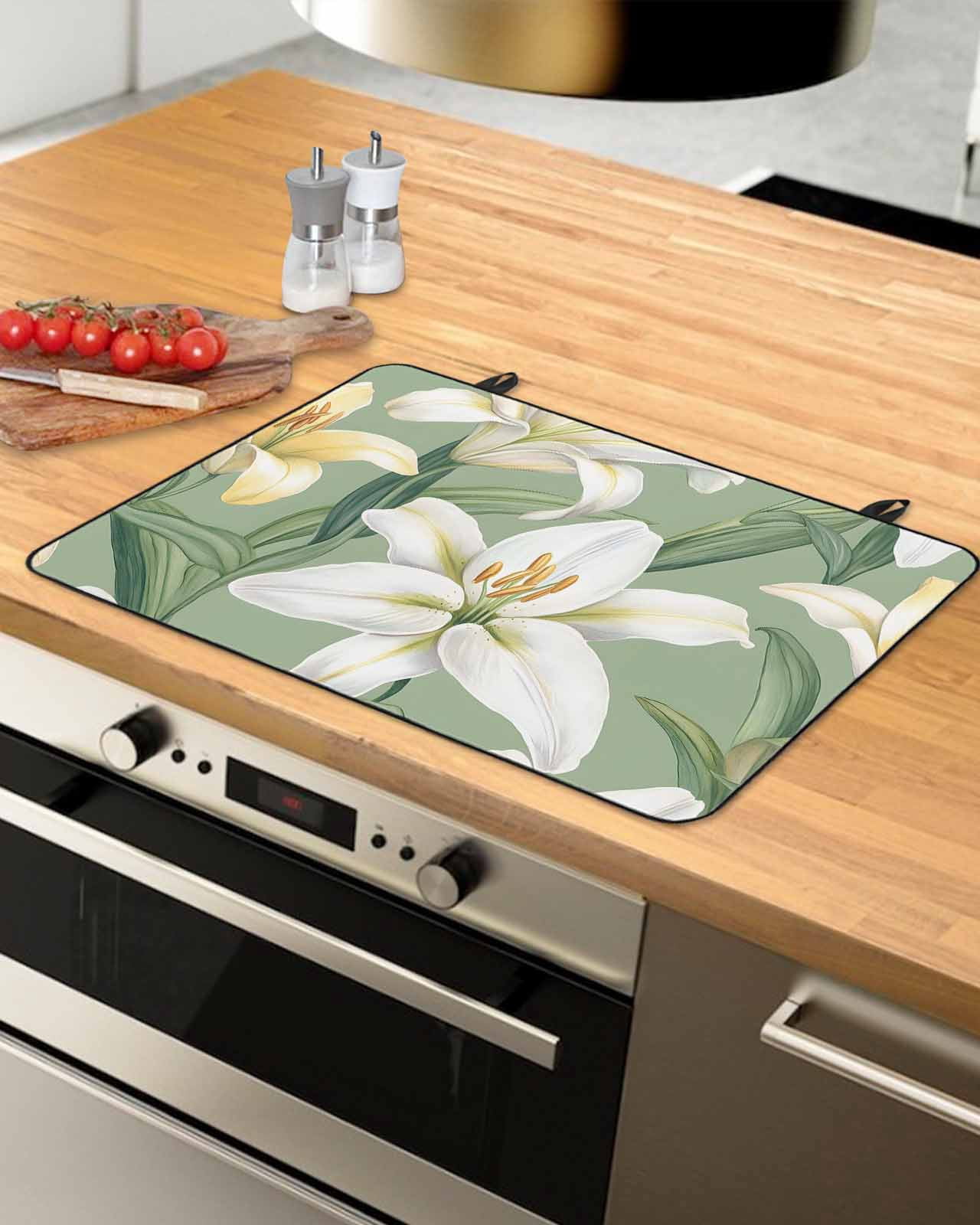nqOlkjepod Large Induction Cooktop Protector Mat 24"x21", Green Floral Spring Stove Top Covers for Electric Stove, Vintage Posy Patterns Decorative Stove Burner Cover Mats, Glass Top Stove Cover