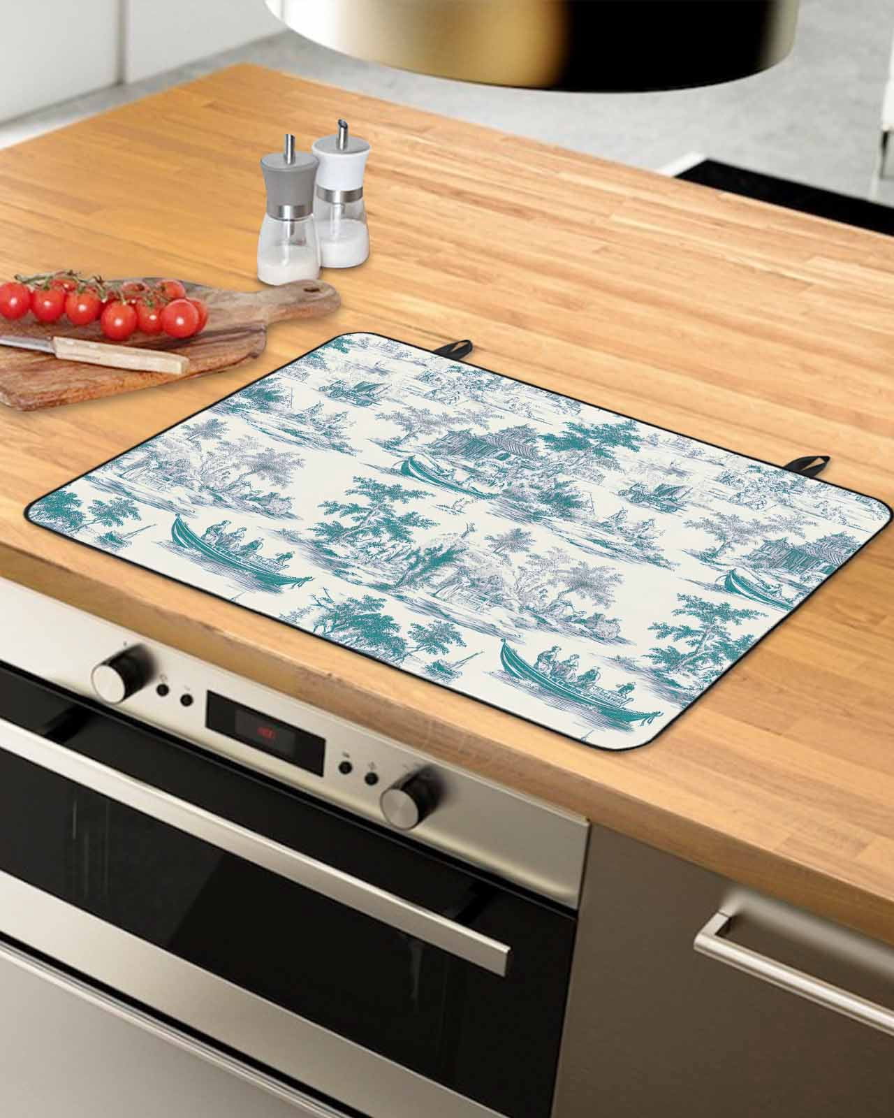 nqOlkjepod Large Induction Cooktop Protector Mat 24"x21", Green Garden Vintage Stove Top Covers for Electric Stove, Modern Art Building Boat Tree Stove Burner Cover Mats, Glass Top Stove Cover