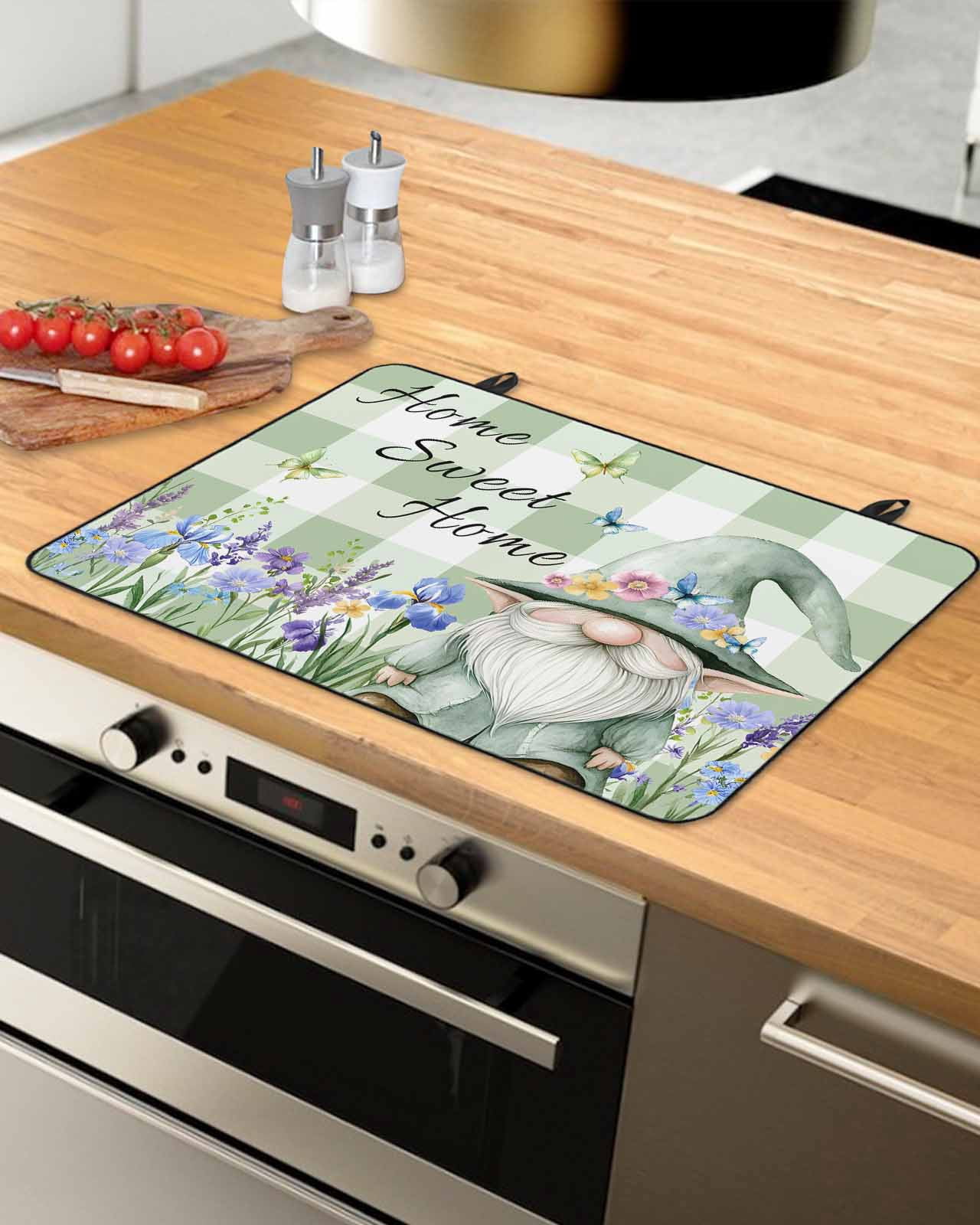 nqOlkjepod Large Induction Cooktop Protector Mat 24"x21", Green Gnomes Stove Top Covers for Electric Stove, Spring Botanical Flowers Buffalo Plaid Stove Burner Cover Mats, Glass Top Stove Cover