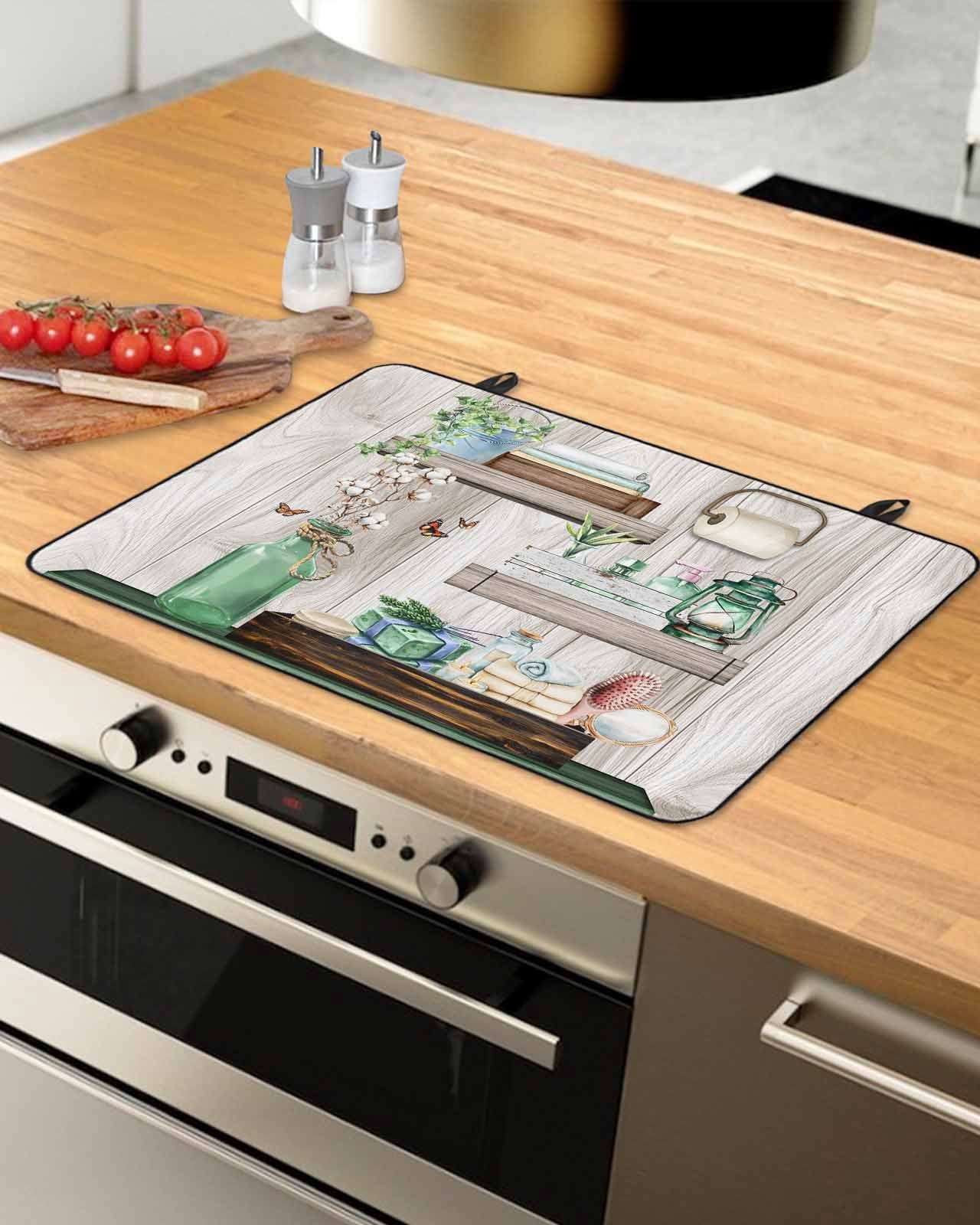 nqOlkjepod Large Induction Cooktop Protector Mat 24"x21", Green Gray Stove Top Covers for Electric Stove, Farmhouse Summer Botanical Wooden Decorative Stove Burner Cover Mats, Glass Top Stove Cover