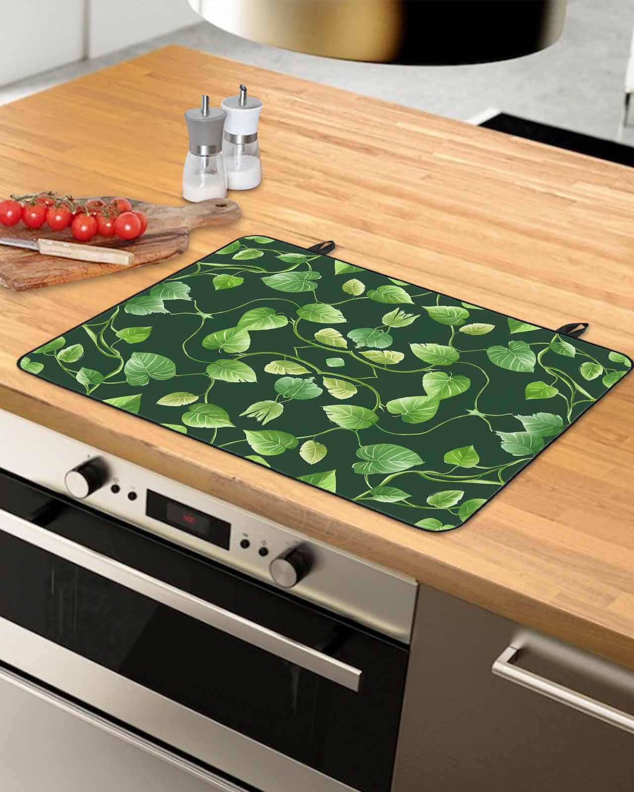 nqOlkjepod Large Induction Cooktop Protector Mat 24"x21", Green Leaves Stove Top Covers for Electric Stove, Retro Botanical Garden Pastoral Plants Stove Burner Cover Mats, Glass Top Stove Cover