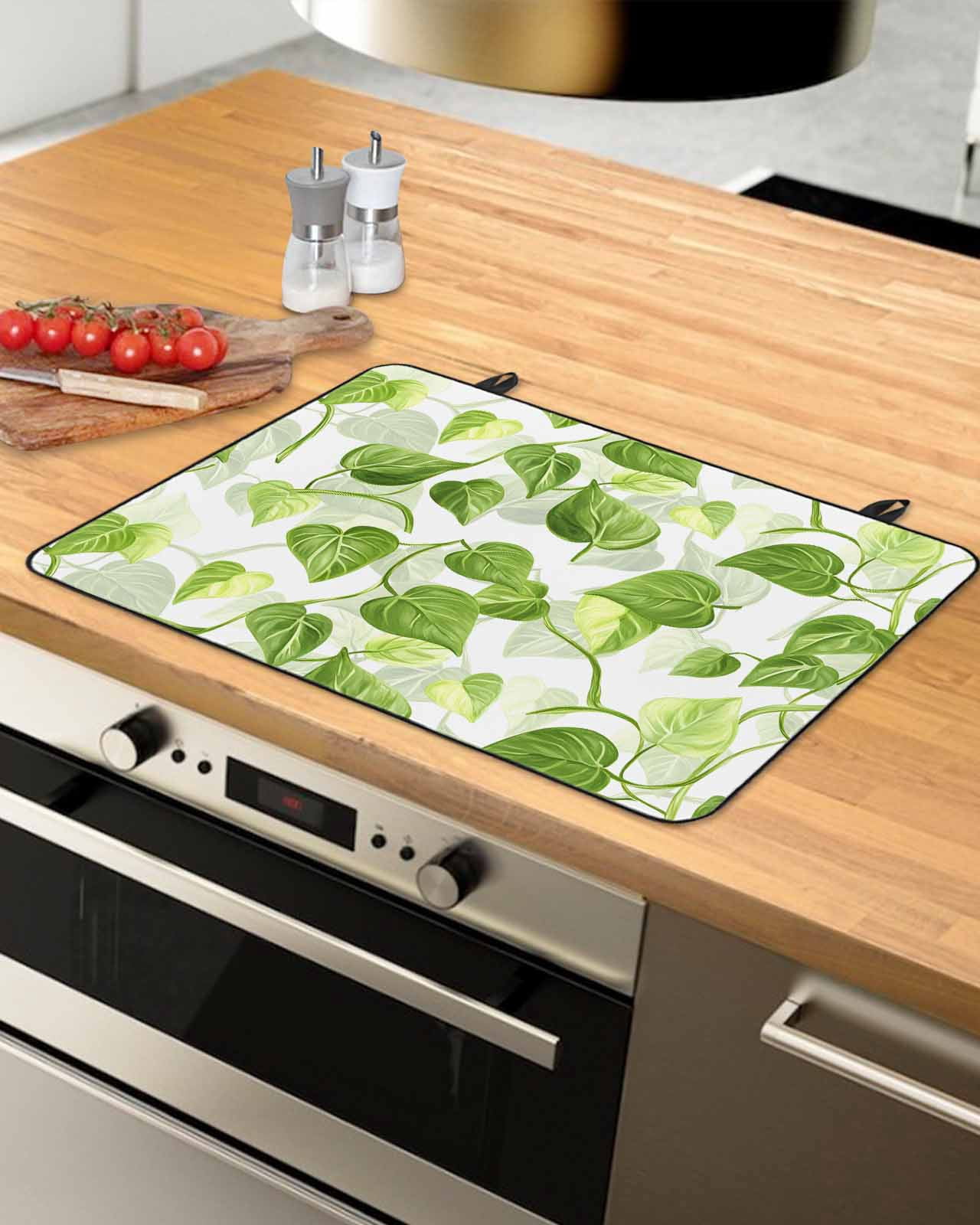 nqOlkjepod Large Induction Cooktop Protector Mat 24"x21", Green Leaves Stove Top Covers for Electric Stove, Summer Retro Watercolor Botanical Stove Burner Cover Mats, Glass Top Stove Cover