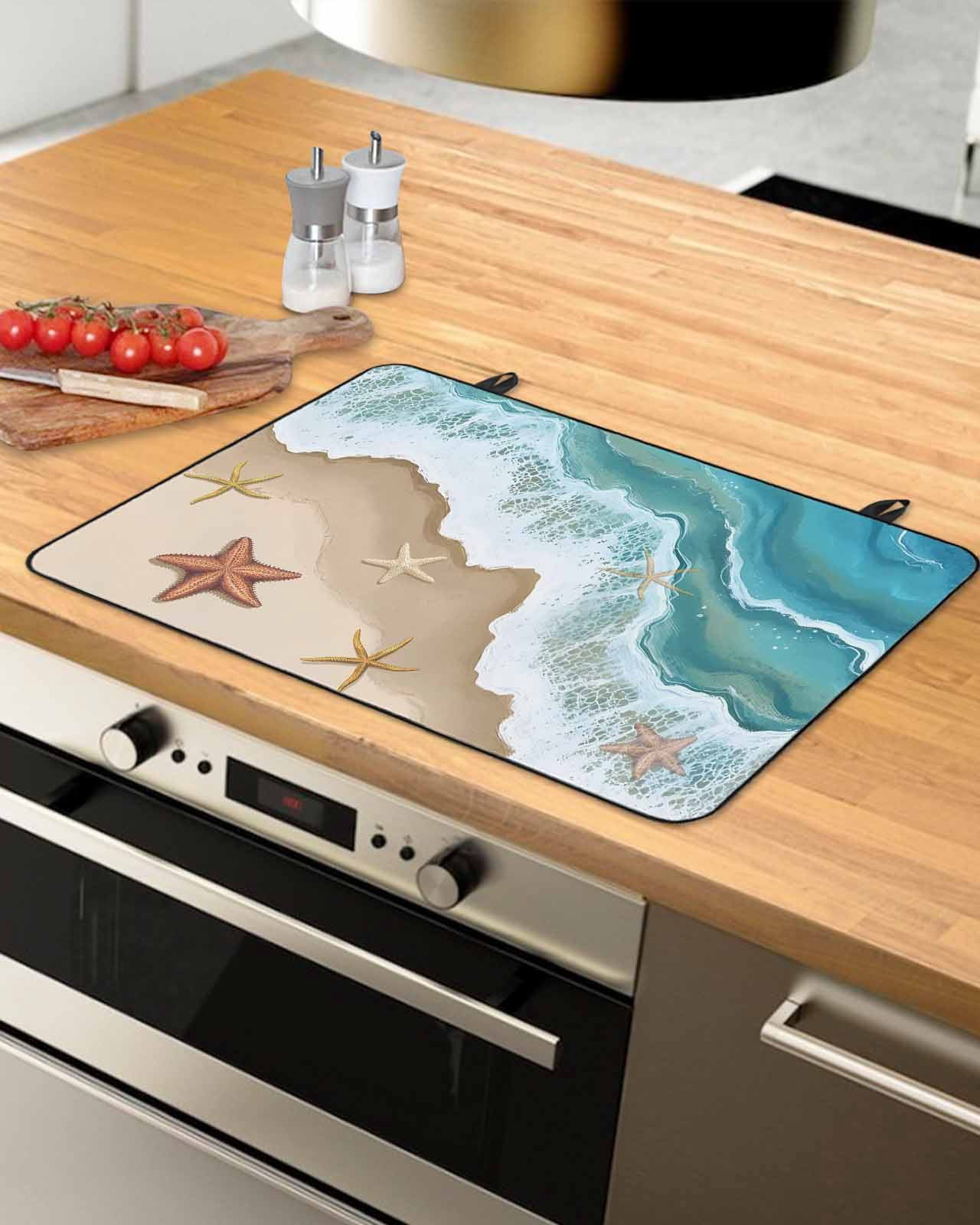 nqOlkjepod Large Induction Cooktop Protector Mat 24"x21", Green Ocean Stove Top Covers for Electric Stove, Summer Coastal Starfish Sea Waves Decorative Stove Burner Cover Mats, Glass Top Stove Cover