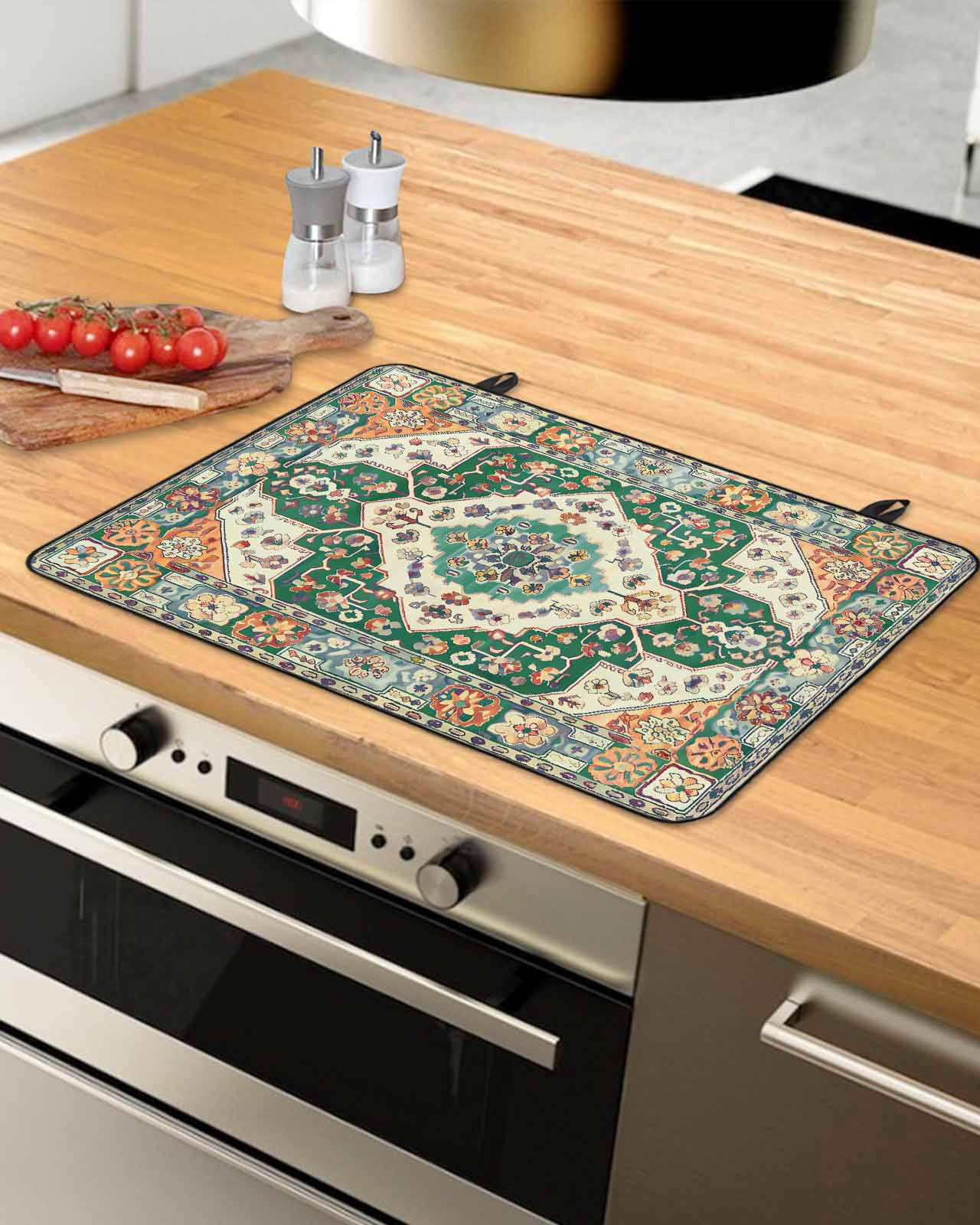 nqOlkjepod Large Induction Cooktop Protector Mat 24"x21", Green Orange Beige Boho Stove Top Covers for Electric Stove, Retro Ethnic Tribal Abstract Art Stove Burner Cover Mats, Glass Top Stove Cover