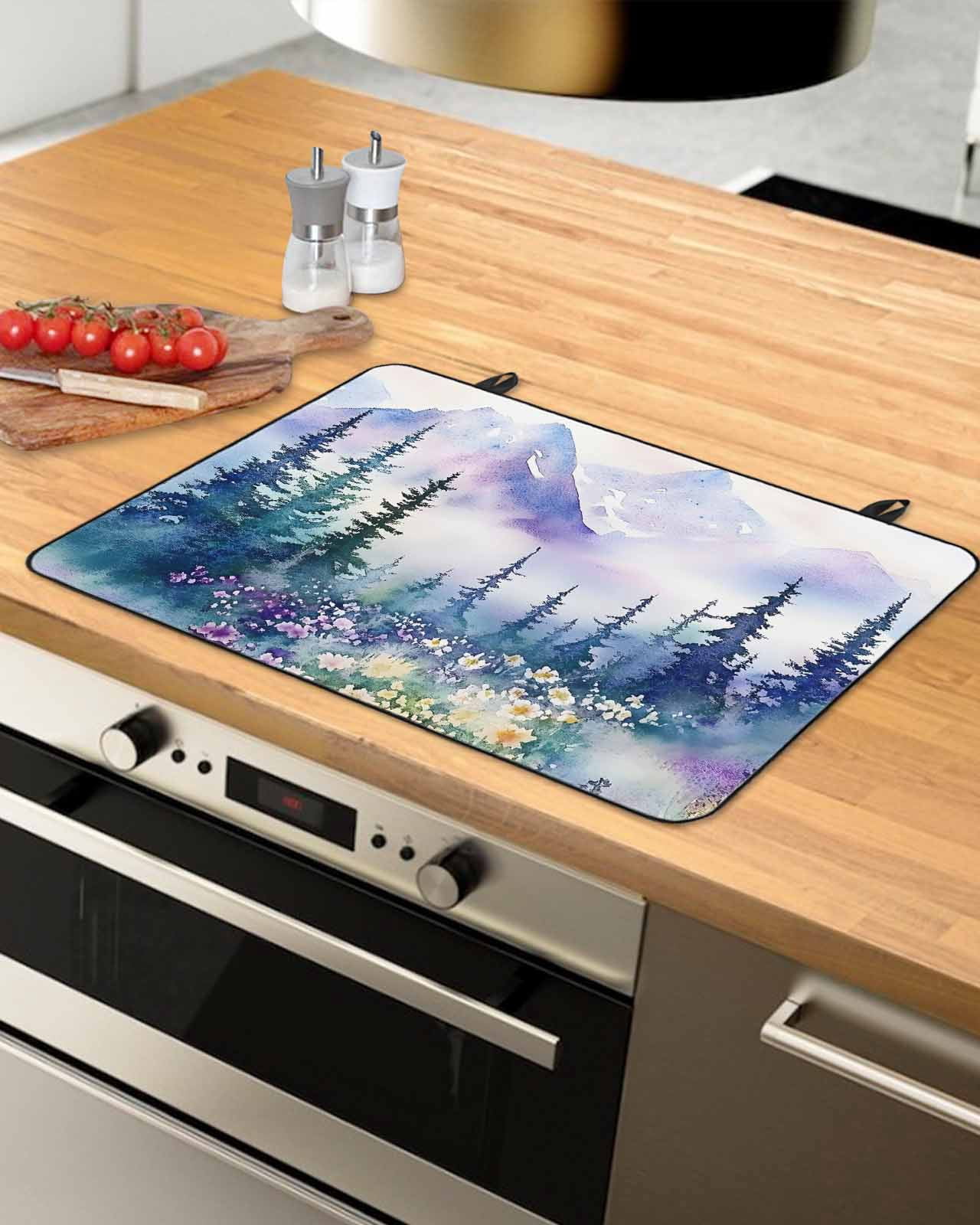 nqOlkjepod Large Induction Cooktop Protector Mat 24"x21", Green Purple Mountains Stove Top Covers for Electric Stove, Watercolor Forest Wildflower Stove Burner Cover Mats, Glass Top Stove Cover