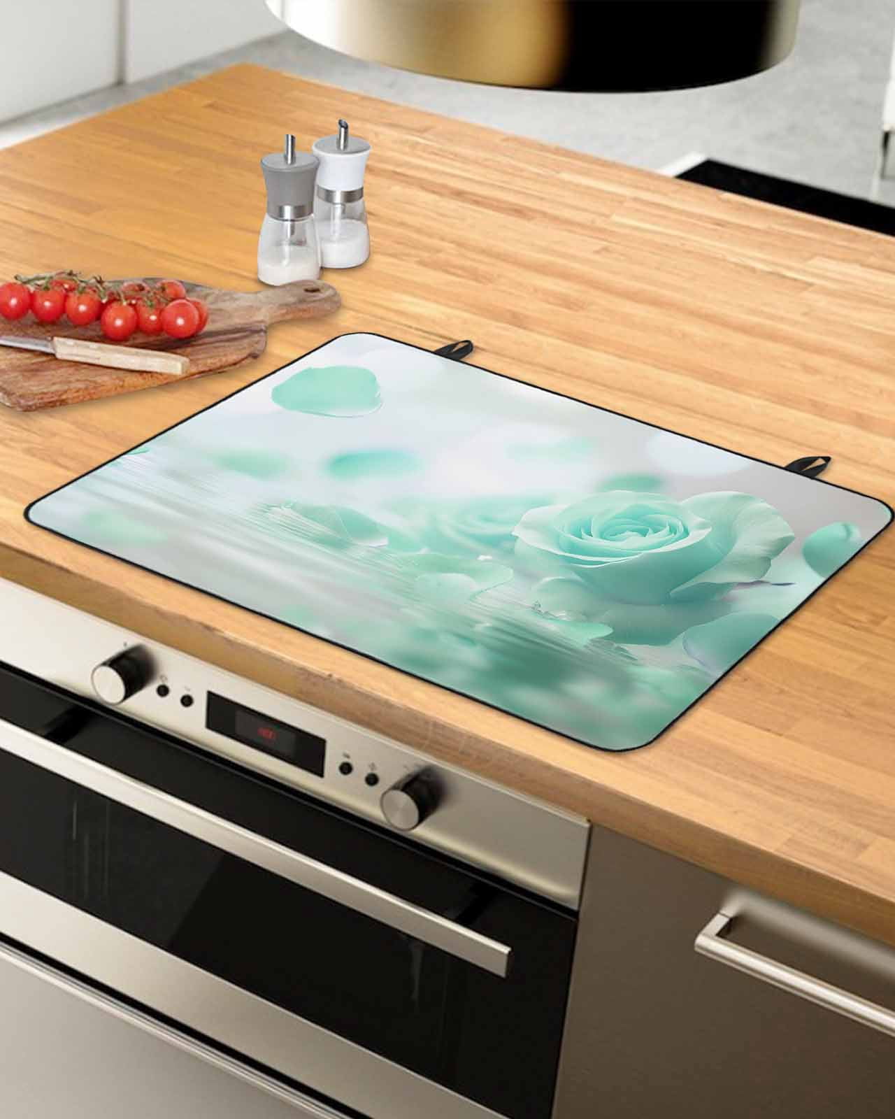 nqOlkjepod Large Induction Cooktop Protector Mat 24"x21", Green Rose Fantasy Stove Top Covers for Electric Stove, Elegance Floral Romantic Reflection Stove Burner Cover Mats, Glass Top Stove Cover