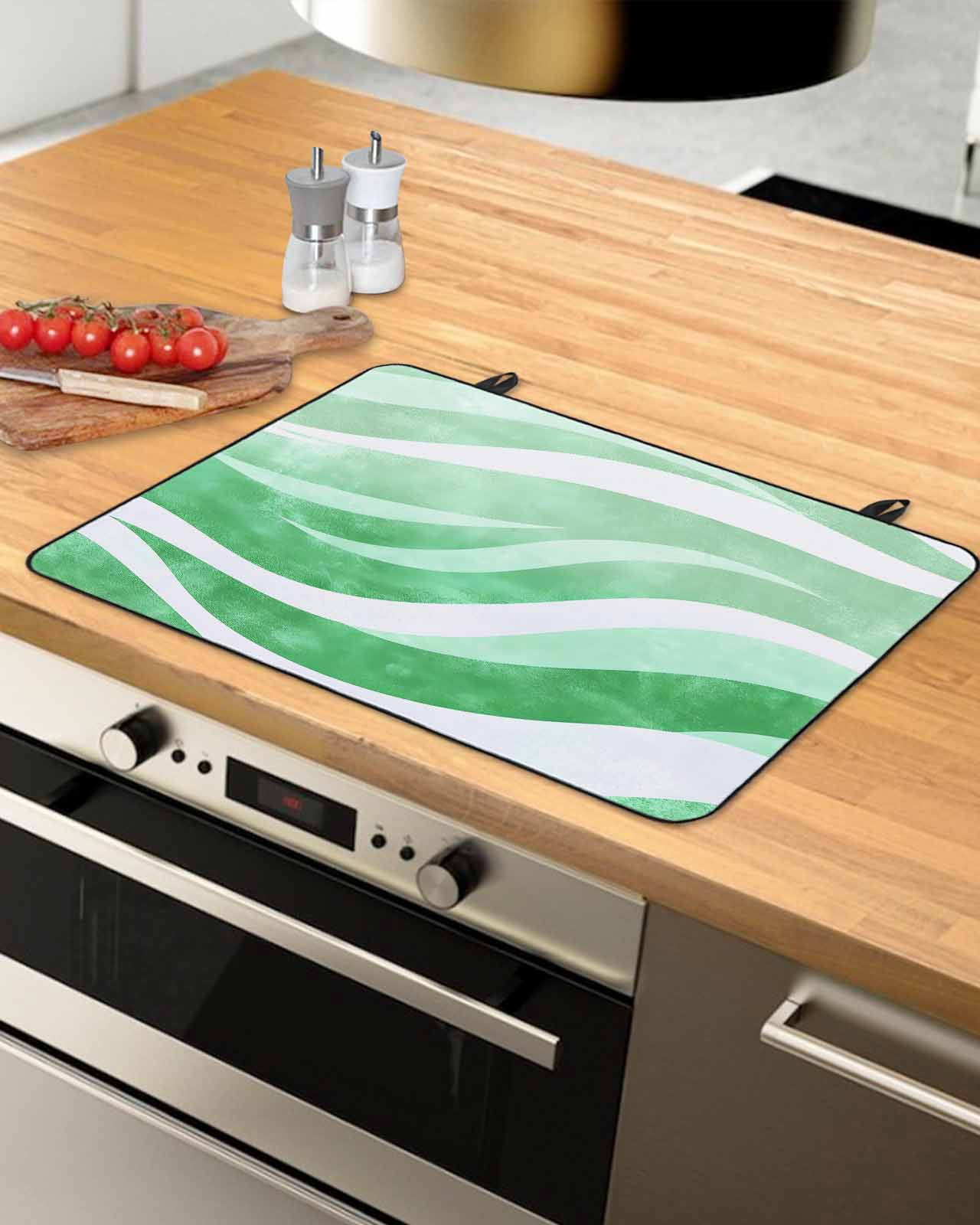 nqOlkjepod Large Induction Cooktop Protector Mat 24"x21", Green Stripe Stove Top Covers for Electric Stove, Abstract Waves Modern Ocean Coastal Texture Stove Burner Cover Mats, Glass Top Stove Cover