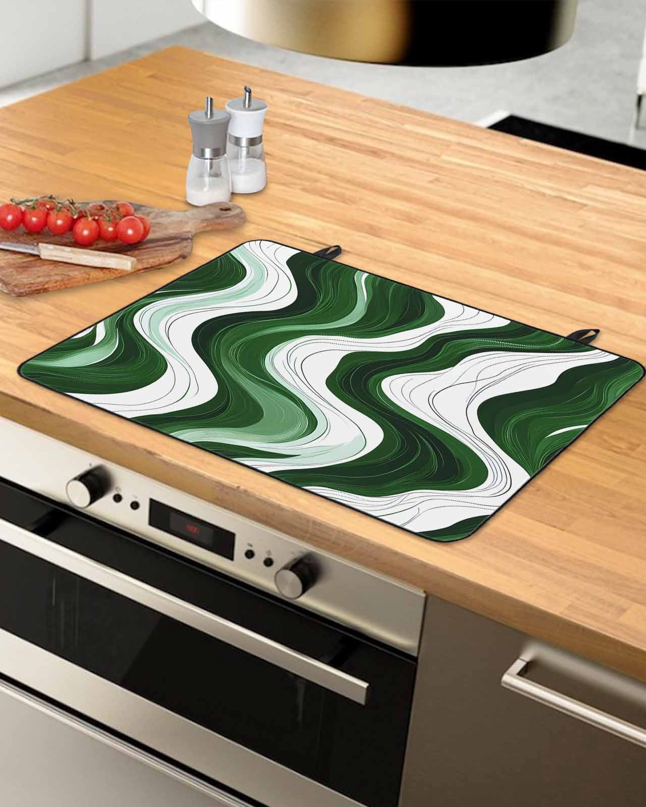 nqOlkjepod Large Induction Cooktop Protector Mat 24"x21", Green Stripe Stove Top Covers for Electric Stove, Geometric White Wave Modern Ocean Stove Burner Cover Mats, Glass Top Stove Cover
