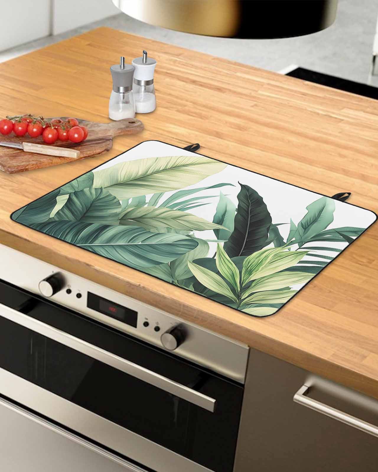 nqOlkjepod Large Induction Cooktop Protector Mat 24"x21", Green Tropical Leaves Stove Top Covers for Electric Stove, Country Summer Botanical Palm Leaf Stove Burner Cover Mats, Glass Top Stove Cover