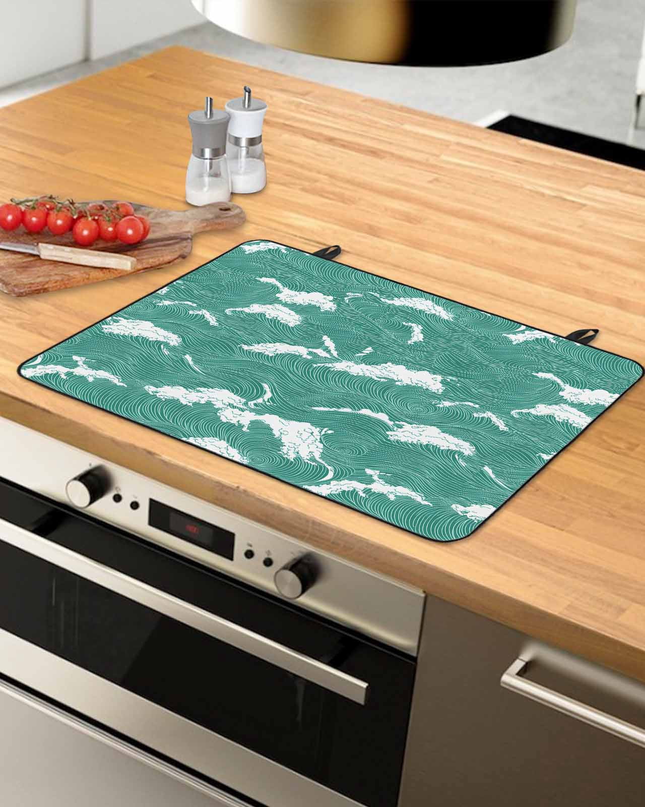 nqOlkjepod Large Induction Cooktop Protector Mat 24"x21", Green White Ocean Waves Stove Top Covers for Electric Stove, Coastal Abstract Art Moire Stove Burner Cover Mats, Glass Top Stove Cover