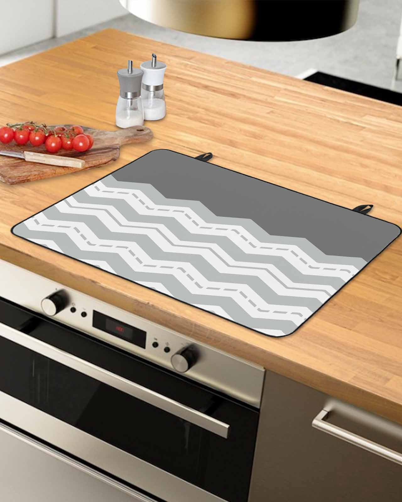 nqOlkjepod Large Induction Cooktop Protector Mat 24"x21", Grey Chevron Stove Top Covers for Electric Stove, Geometric Ocean Abstract Wavy Striped White Stove Burner Cover Mats, Glass Top Stove Cover