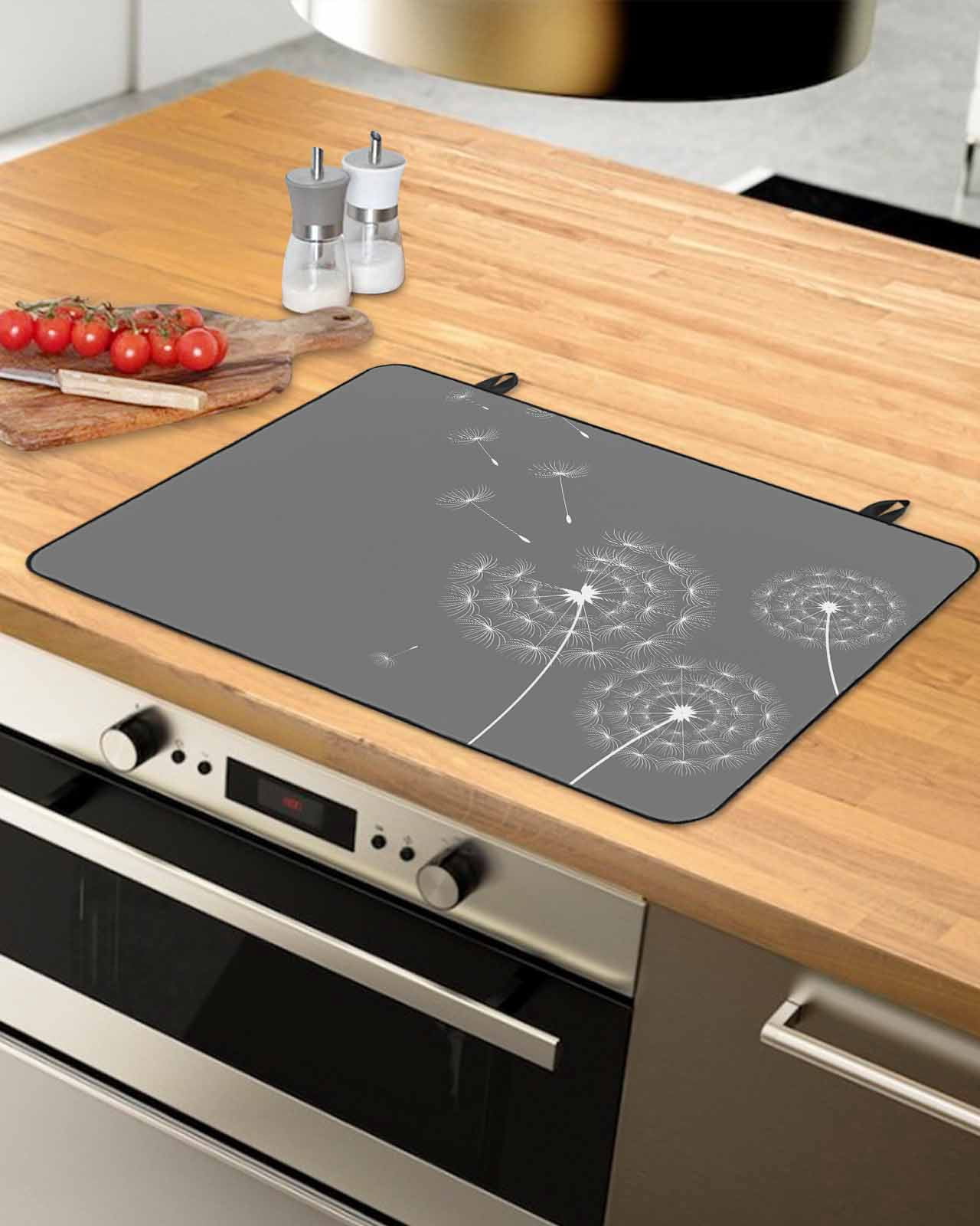 nqOlkjepod Large Induction Cooktop Protector Mat 24"x21", Grey Dandelion Stove Top Covers for Electric Stove, Abstract Art Simple Floral Decorative Stove Burner Cover Mats, Glass Top Stove Cover
