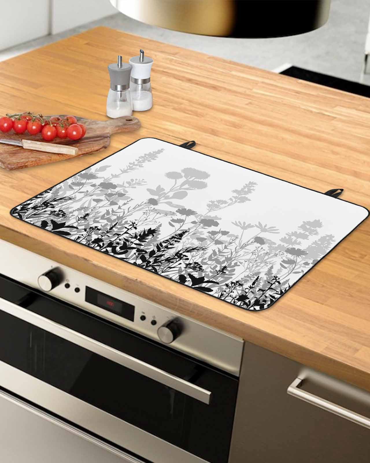 nqOlkjepod Large Induction Cooktop Protector Mat 24"x21", Grey Floral Rustic Stove Top Covers for Electric Stove, Spring Farmhouse Botanical Floral Stove Burner Cover Mats, Glass Top Stove Cover