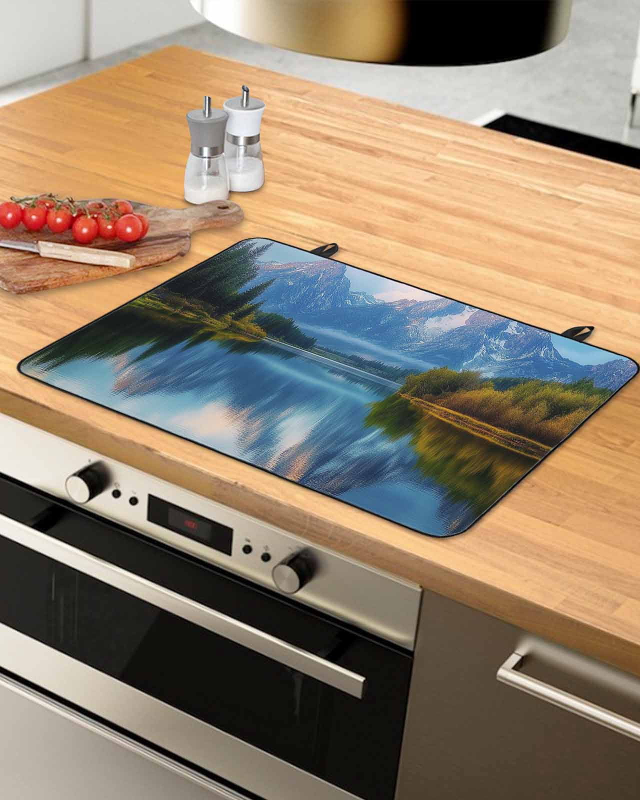 nqOlkjepod Large Induction Cooktop Protector Mat 24"x21", Grey Mountain Stove Top Covers for Electric Stove, Green Forest Modern Art Farmhouse Stove Burner Cover Mats, Glass Top Stove Cover